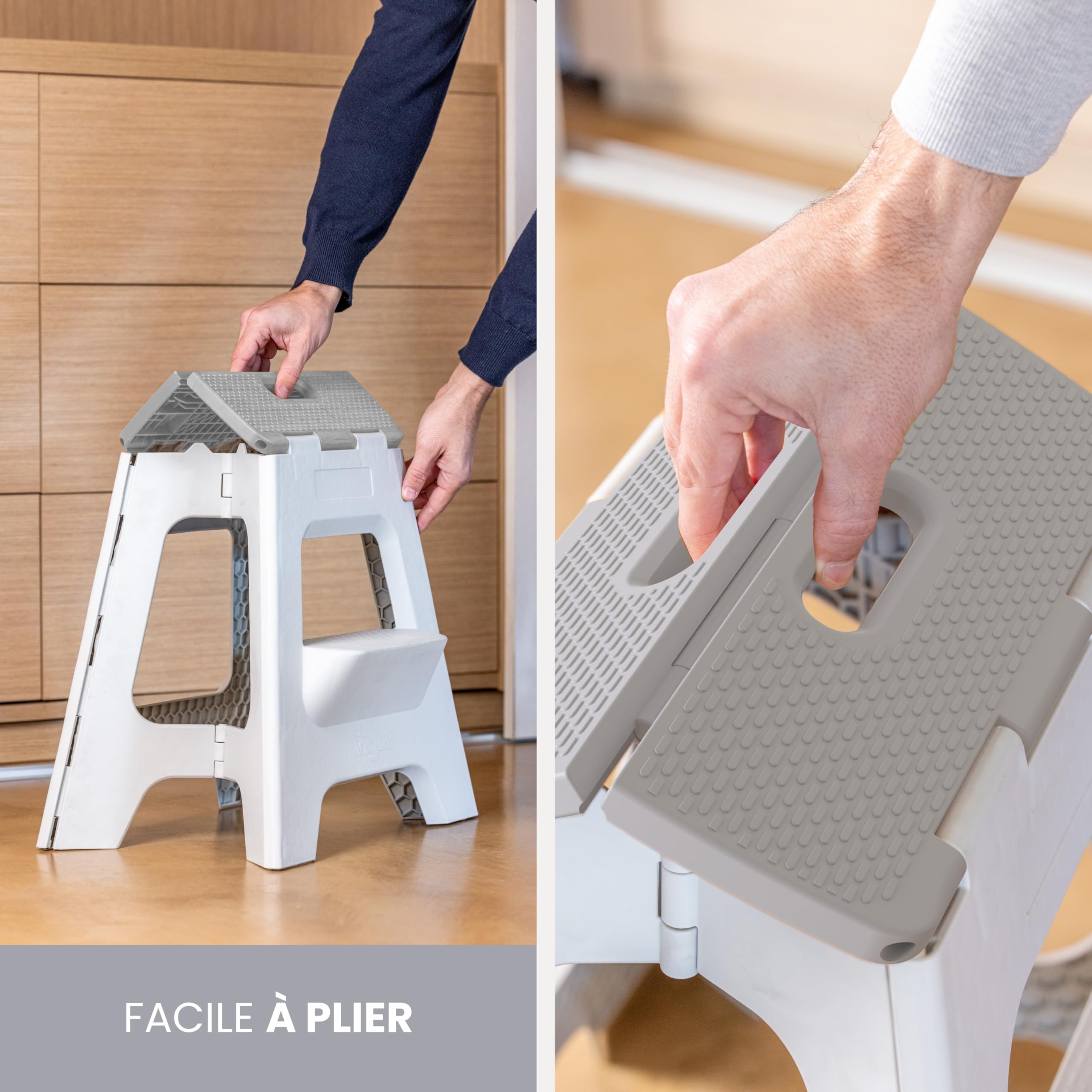 Vigar Compact Tabouret Pliant pour Adultes, 40 cm Marche Pied Pliable 2 Marches, Antidérapant Escabeau pour Salle de Bain, Toilette, Jardinage, Kitchen, House, Bureau, Supporte jusqu'à 150 kg, Gris