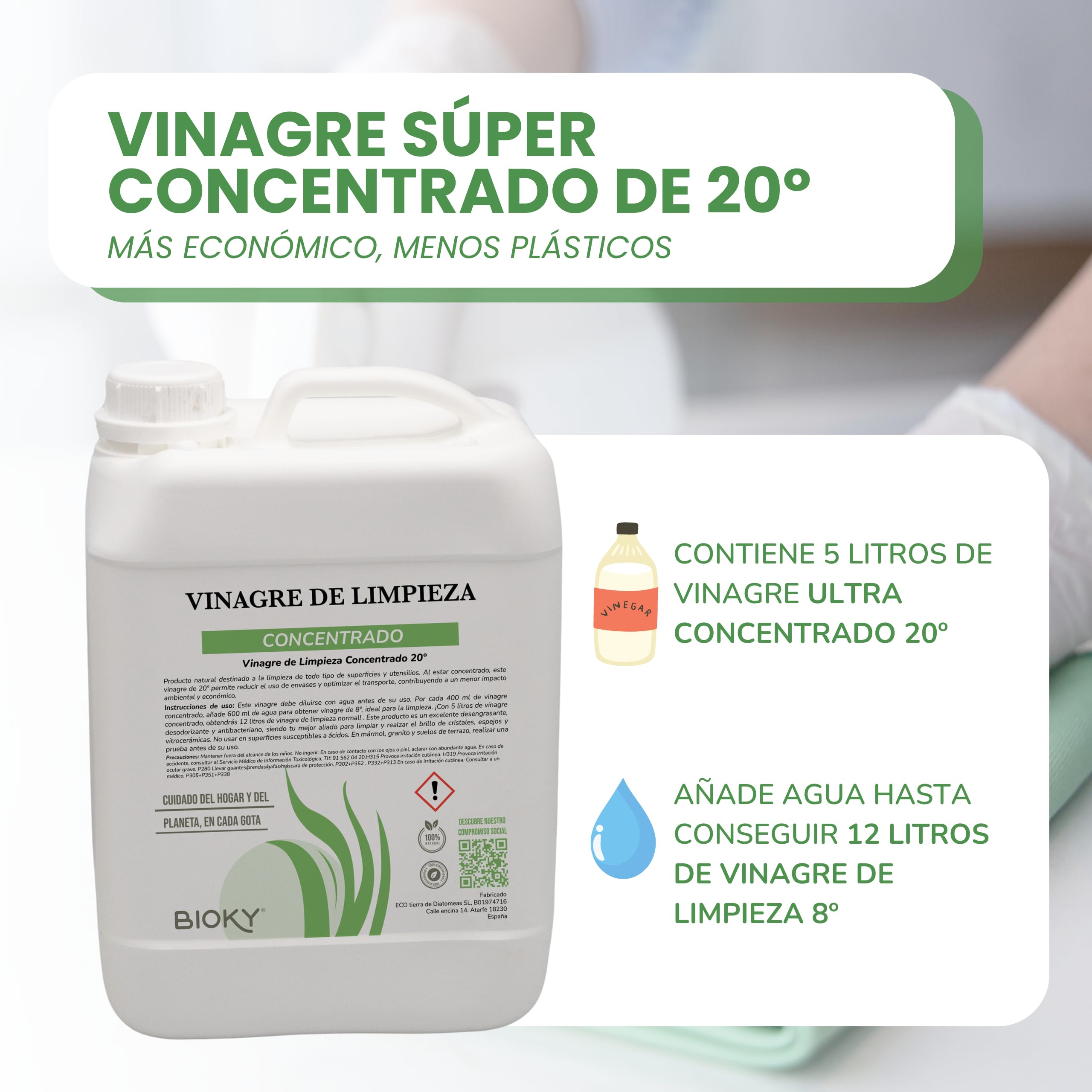 Bioky Vinagre Blanco Destilado 20º - Incluye Botella Pulverizadora - Súper Concentrado - Limpieza Multiusos - Fórmula Económica y Ecológica (5L)