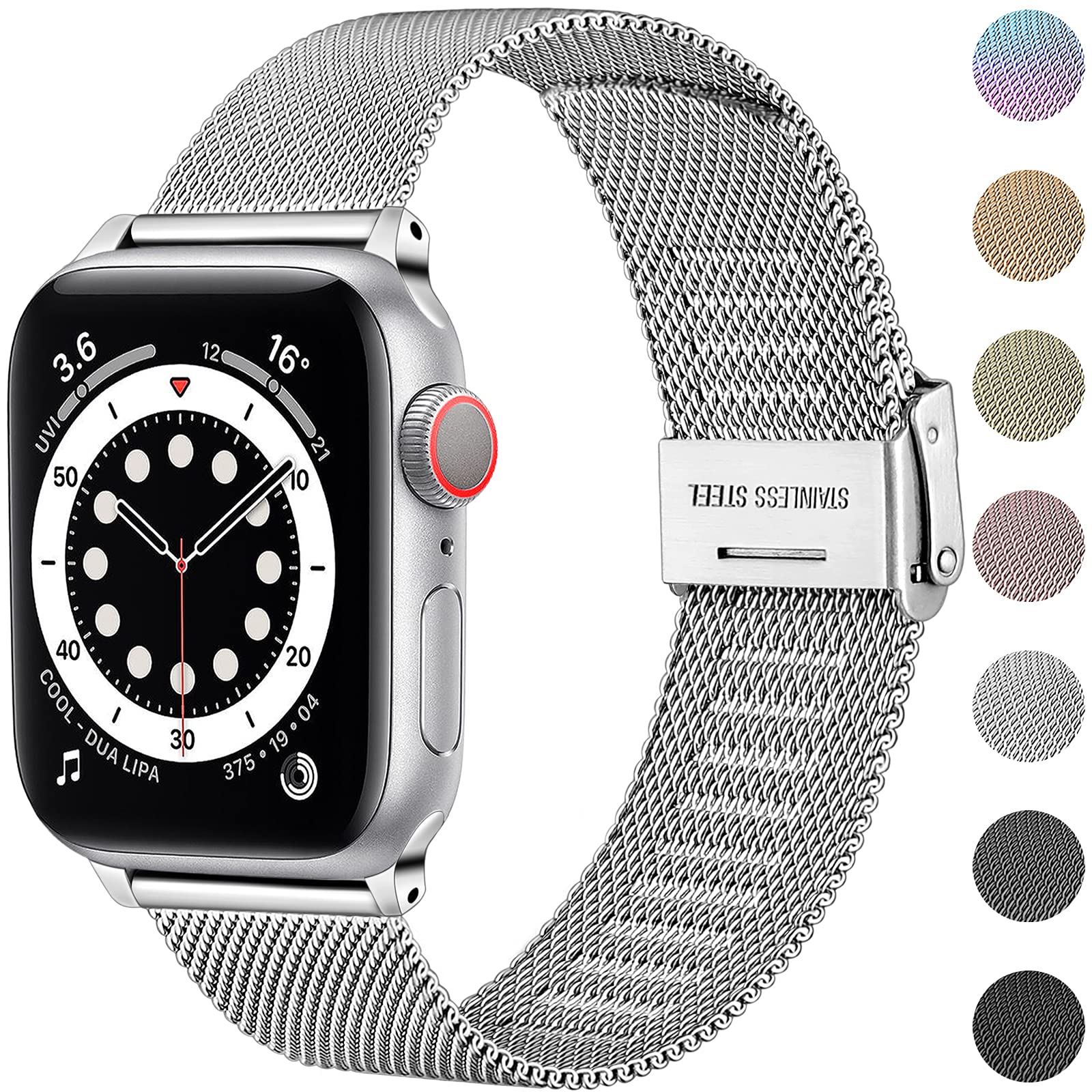 Upeak Compatible With Apple Watch Straps 45mm 44mm 42mm Ultra/Ultra 2 49mm, Metal Mesh Strap with Buckle Women Men Band for Apple Watch 9 8 7 6 5 4 3 2 1/SE/Ultra, Silver