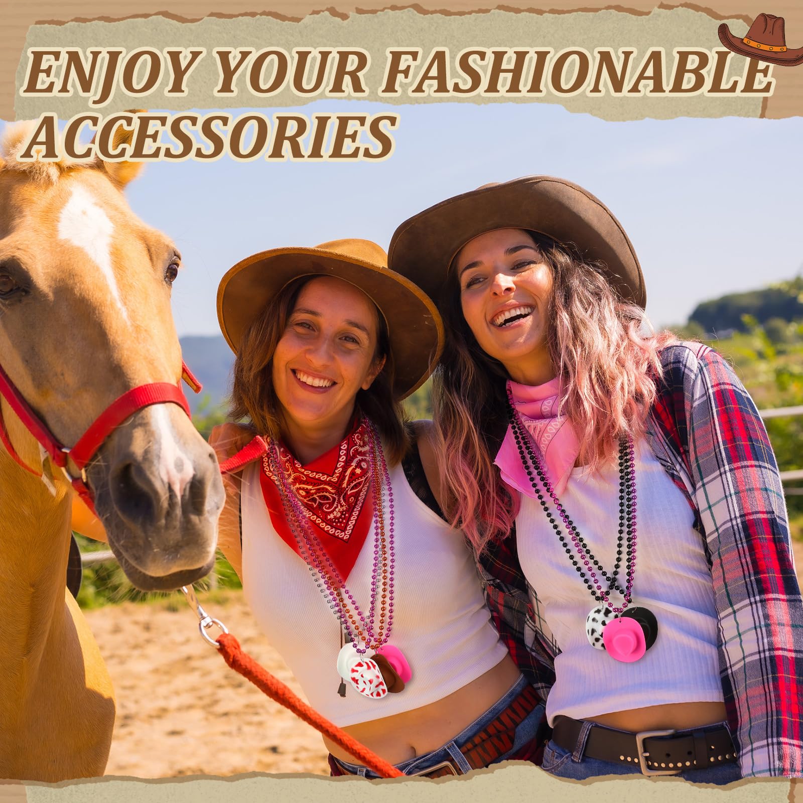 Soulchen 24 Pcs Plastic Mini Cowboy Hat Bead Necklace Multicolor Tiny Western Cowboy Cowgirl Hats Necklace for Party Accessories Dress up Party Supplies