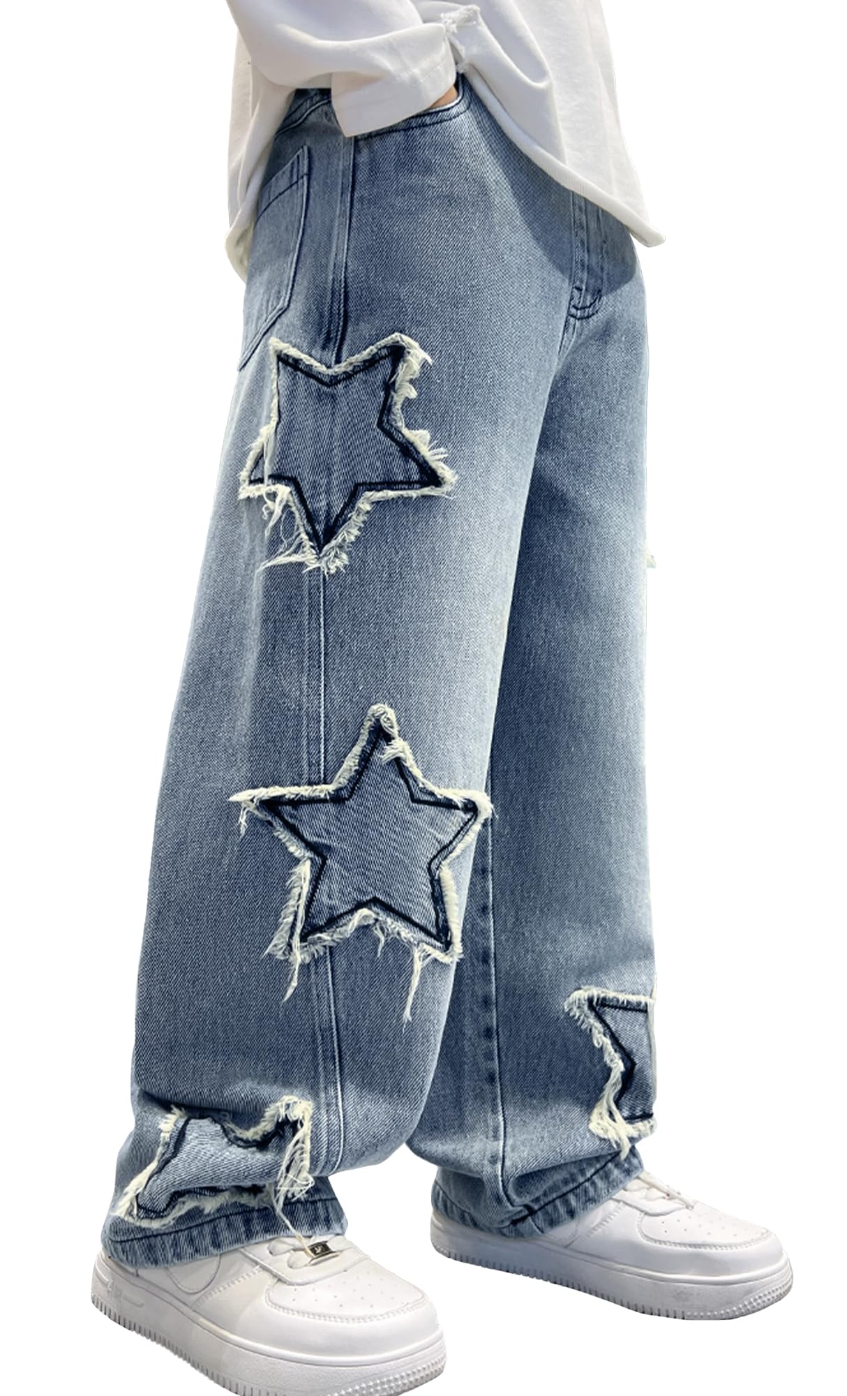 Happy Cherry Jungen Baggy Jeanshosen Kinder Elastische Taille Loose Fit Jeans Weite Beine Denimhose mit Taschen
