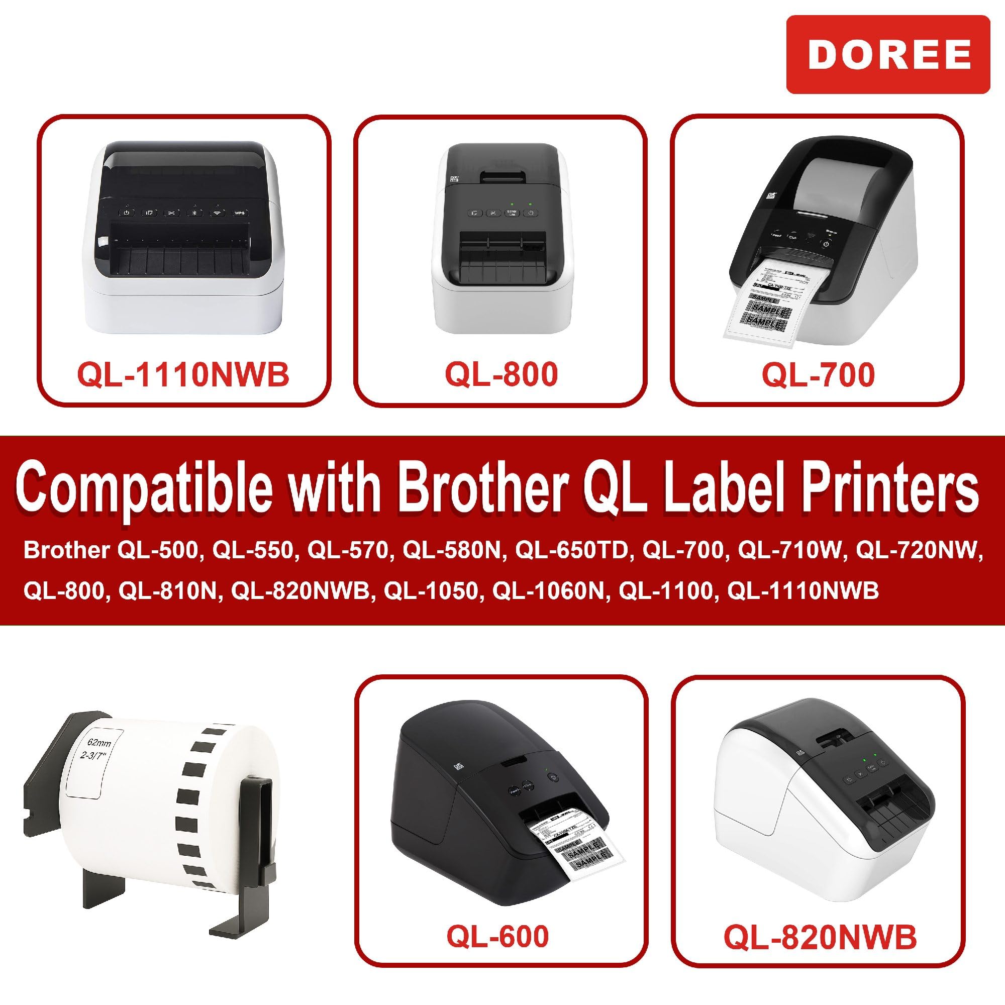 20 x DOREE DK-22205 Etichette Continue, Compatibili con Brother DK-22205,62 mm x 30,48m Rotolo etichette, Per Stampante etichette Brother QL-500, QL-550, QL-570, QL-700, QL-800, QL-1050, QL-1100