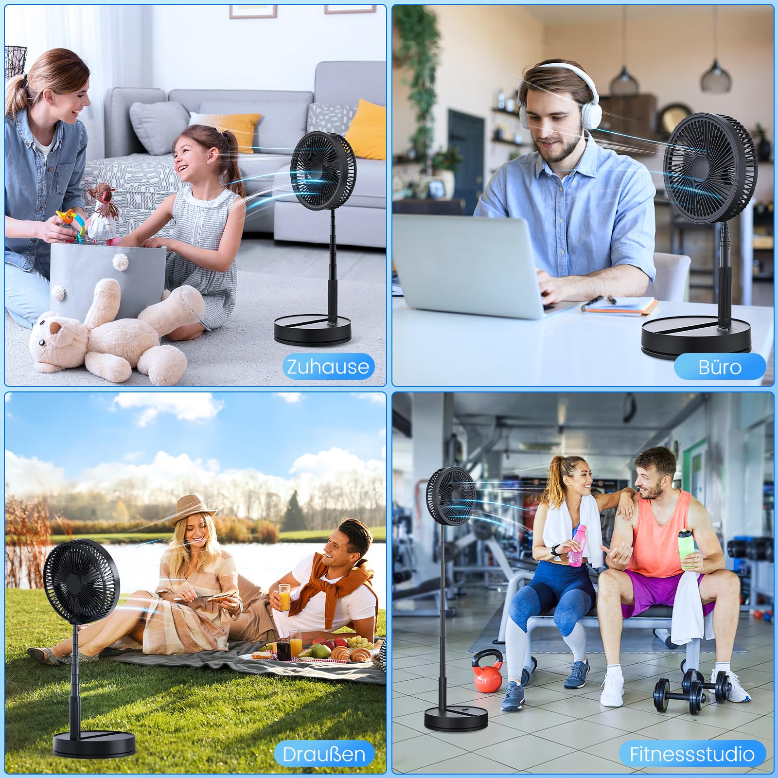Leise Tragbarer Ventilator mit Fernbedienung - 8,6" Faltbarer Fan | Oszillierend, 4 Betriebsmodi, 4 Timer, 8000mAh Akku. Tisch & Stand Ventilator. Ideal für Schlafzimmer Büro Camping Reisen