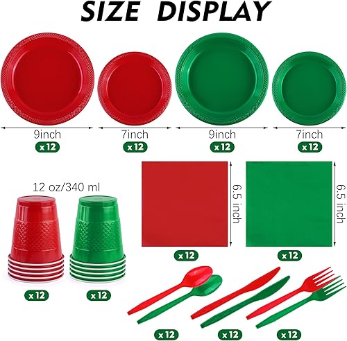 Miniatura 2 de Juego de vajilla desechable de 168 piezas de Navidad rojo y verde para fiestas, incluye platos de plástico de Navidad, tazas, cuchillos, tenedores,
