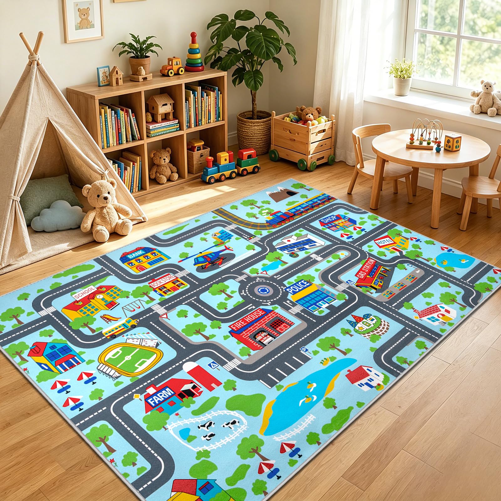 Capslpad Alfombra educativa para niños, de 6.6 x 5 pies, camino de tráfico, tapete para coche, tapete grande para aprendizaje y juegos, alfombra para sala de juegos, sala de estar, guardería,