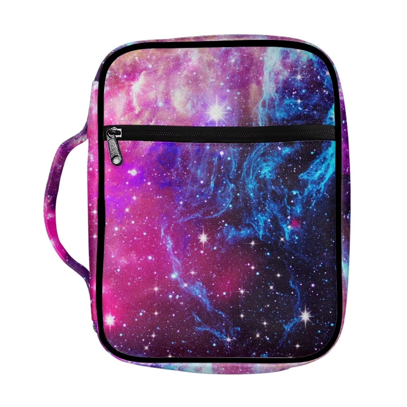 ZIATUBLES Polyester Galaxy Purple Print Bible Covers for Women Girls Standard Size Bible Cover with Handle Zippered Pockets and Pen Slots Multi-Functional Bible Case Bible Bag