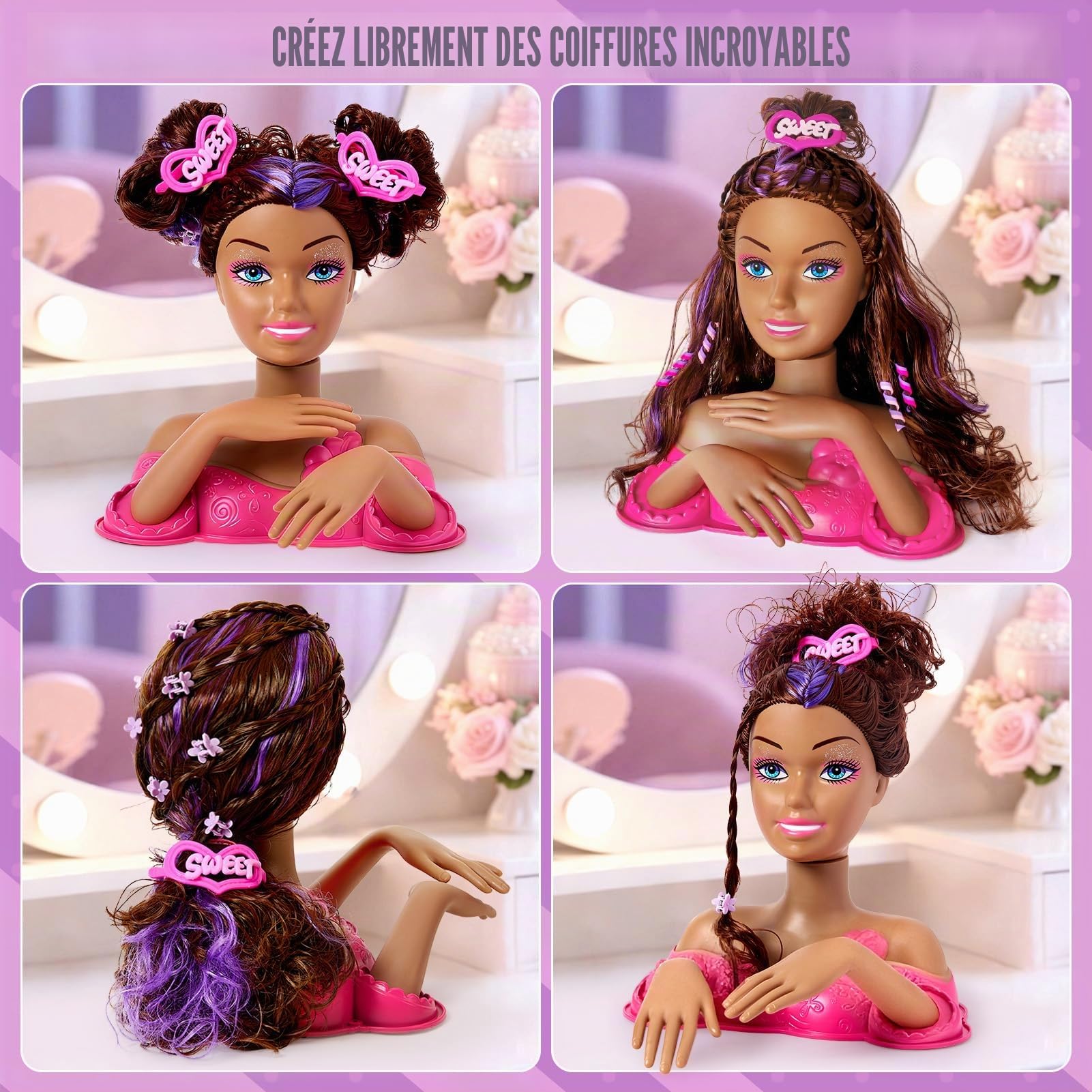 Tete a Coiffer Enfant avec Ensemble Accessoires Coiffure, Poupée de Maquiller avec Sèche-Cheveux Maquillage Autocollants pour Ongles, Salon de Coiffure Jouet Cadeaux pour Fille 3 4 5 6 Ans