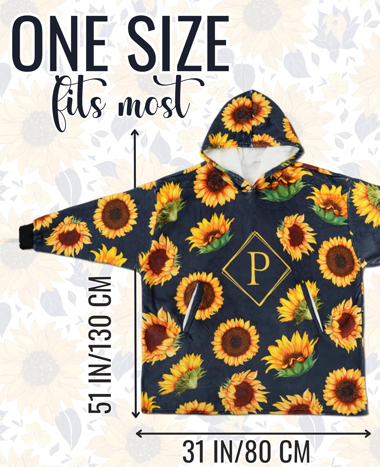 Sunflower Gifts with Initial for Lovers & Women, Wearable Flannel Sunflower Blanket Hoodie