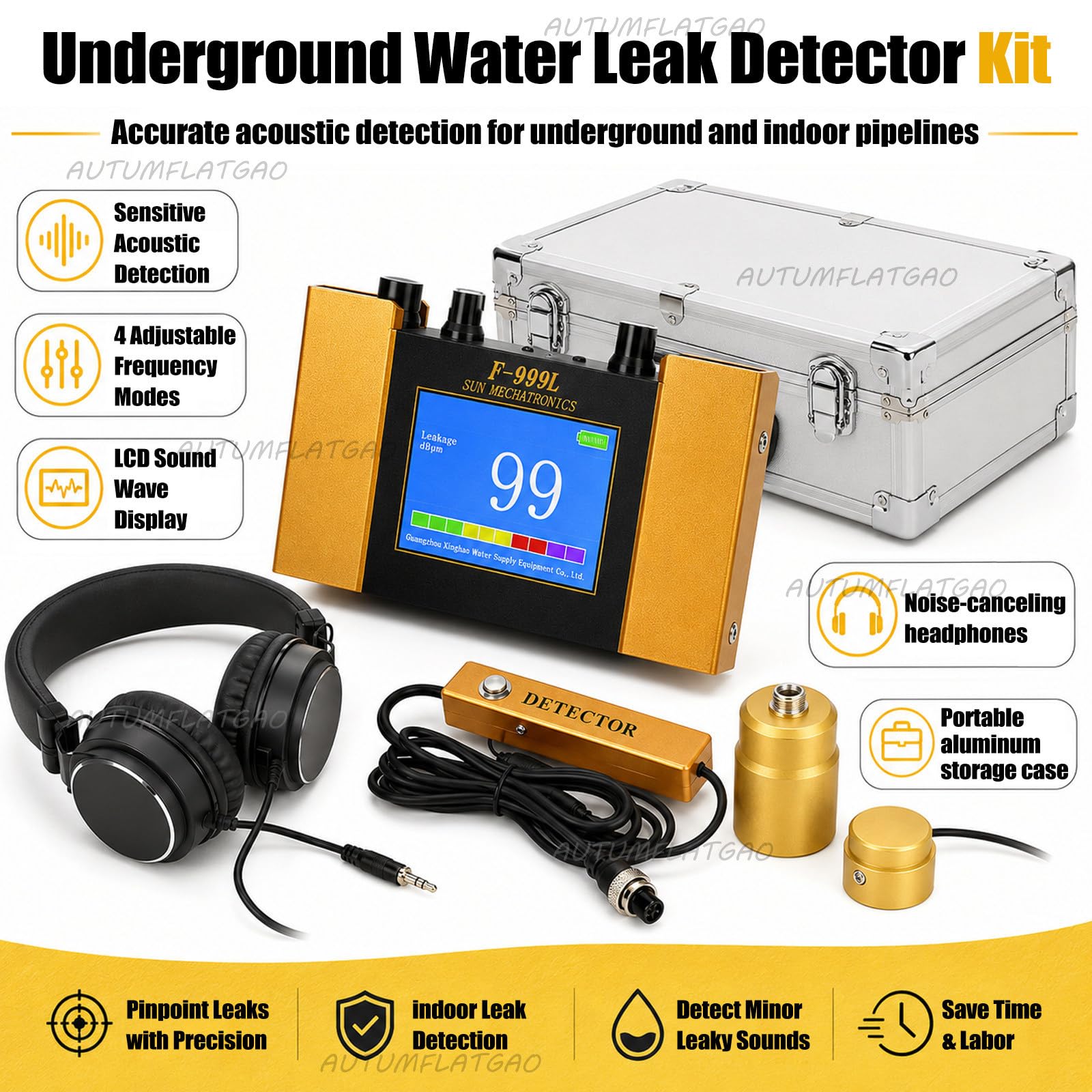 Detector De Fugas De Agua para Tuberías, Sensor Geófono De Fugas De Agua, 4 Niveles De Frecuencia, Pantalla LCD Y Auriculares, Inspección De Fontanería Doméstica