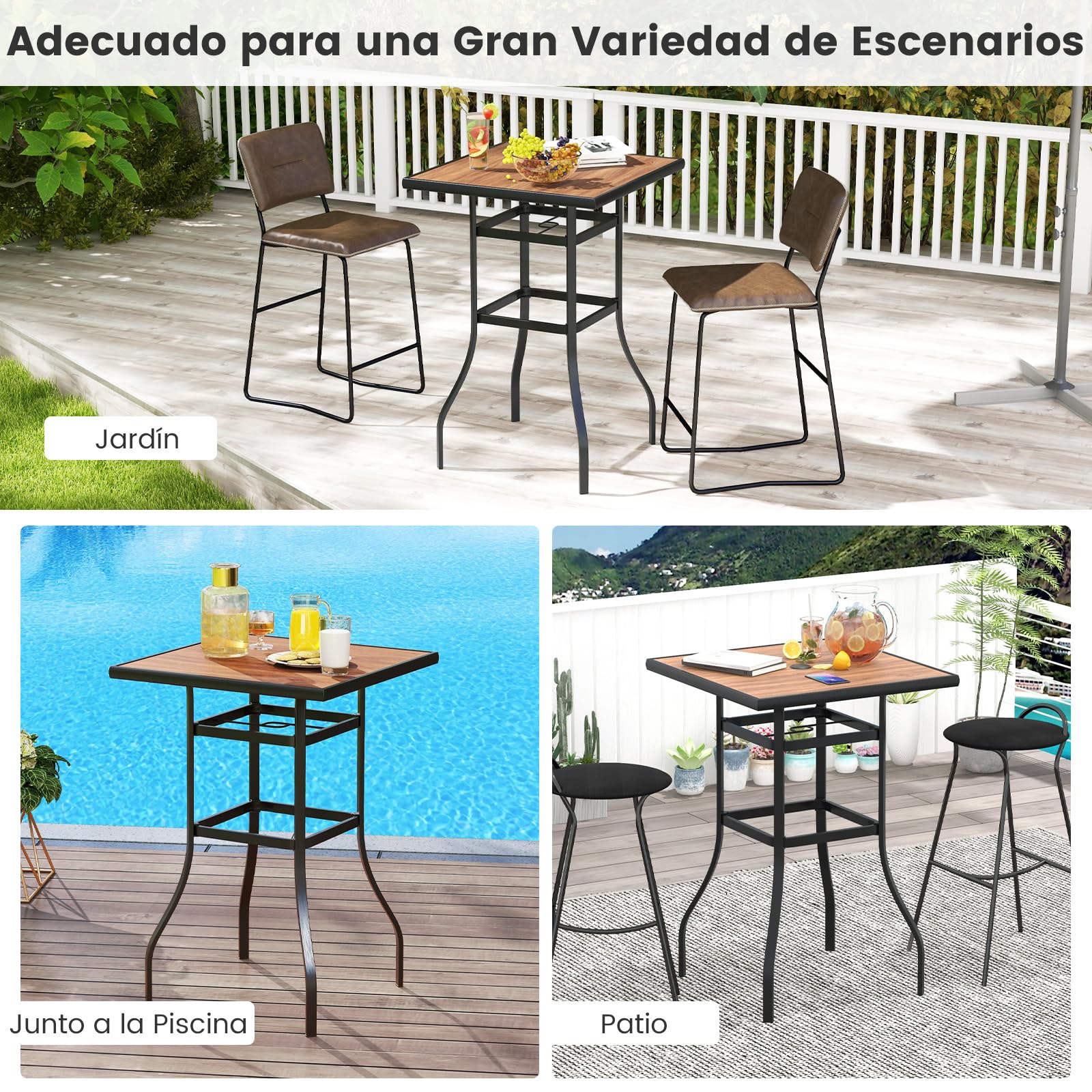 COSTWAY Mesa Alta Cocina, Mesa Alta Cuadrada 70cm, Mesa Bar con Orificio para Sombrilla de 39 mm, Estructura de Metal, Mesa Alta Exterior Jardin Terraza
