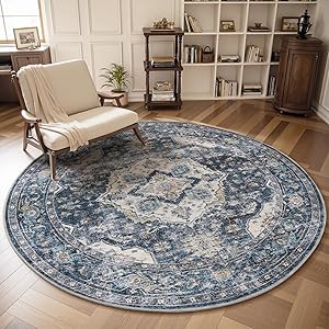 AMOAMI-6FT Round Rug-Rugs for Living Room-Vintage Soft Blue Rugs for Bedroom-Non Slip Circle Rug-Machine Washable Rug for Dining Room Living Room Bedroom Office Under Table