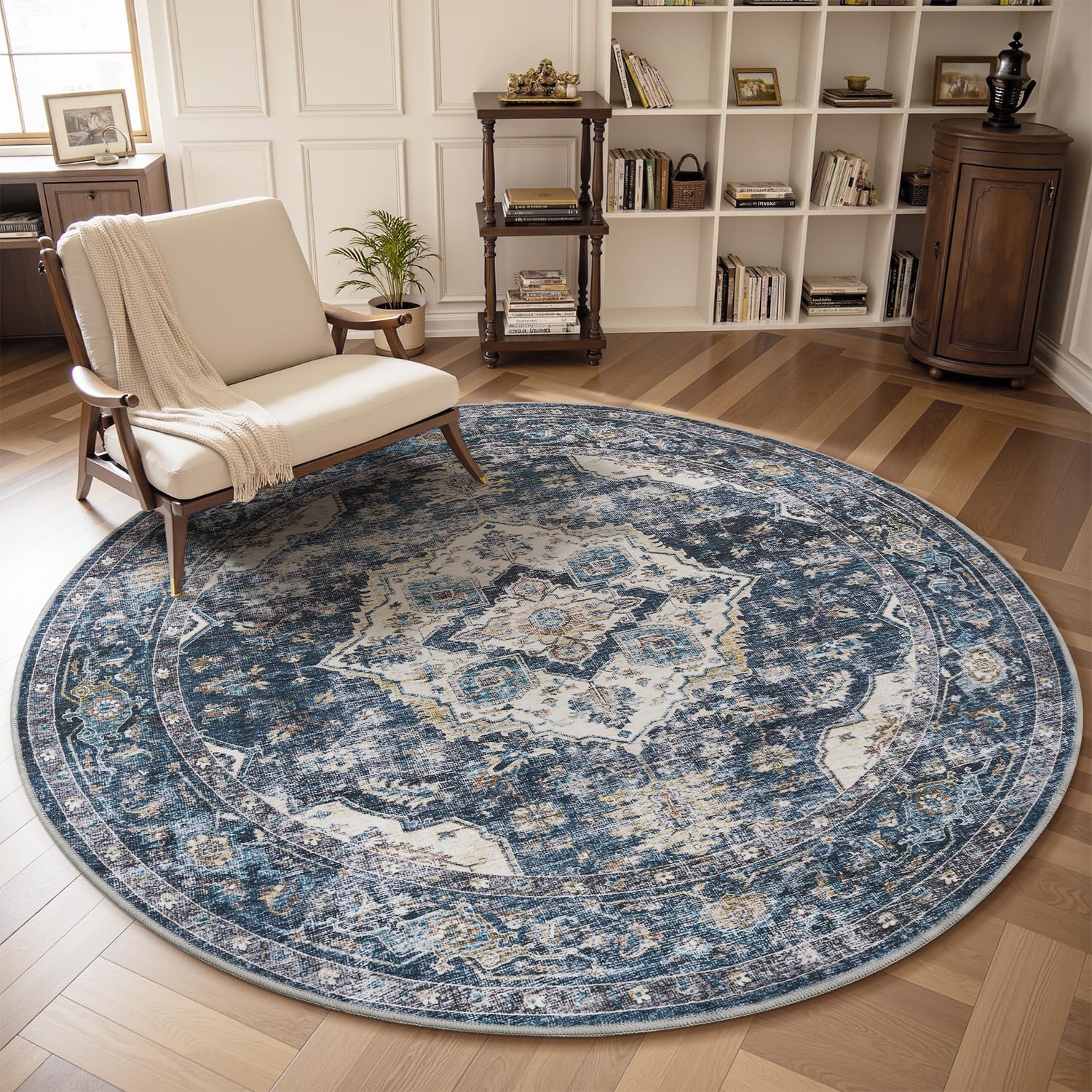 AMOAMI-6FT Round Rug-Rugs for Living Room-Vintage Soft Blue Rugs for Bedroom-Non Slip Circle Rug-Machine Washable Rug for Dining Room Living Room