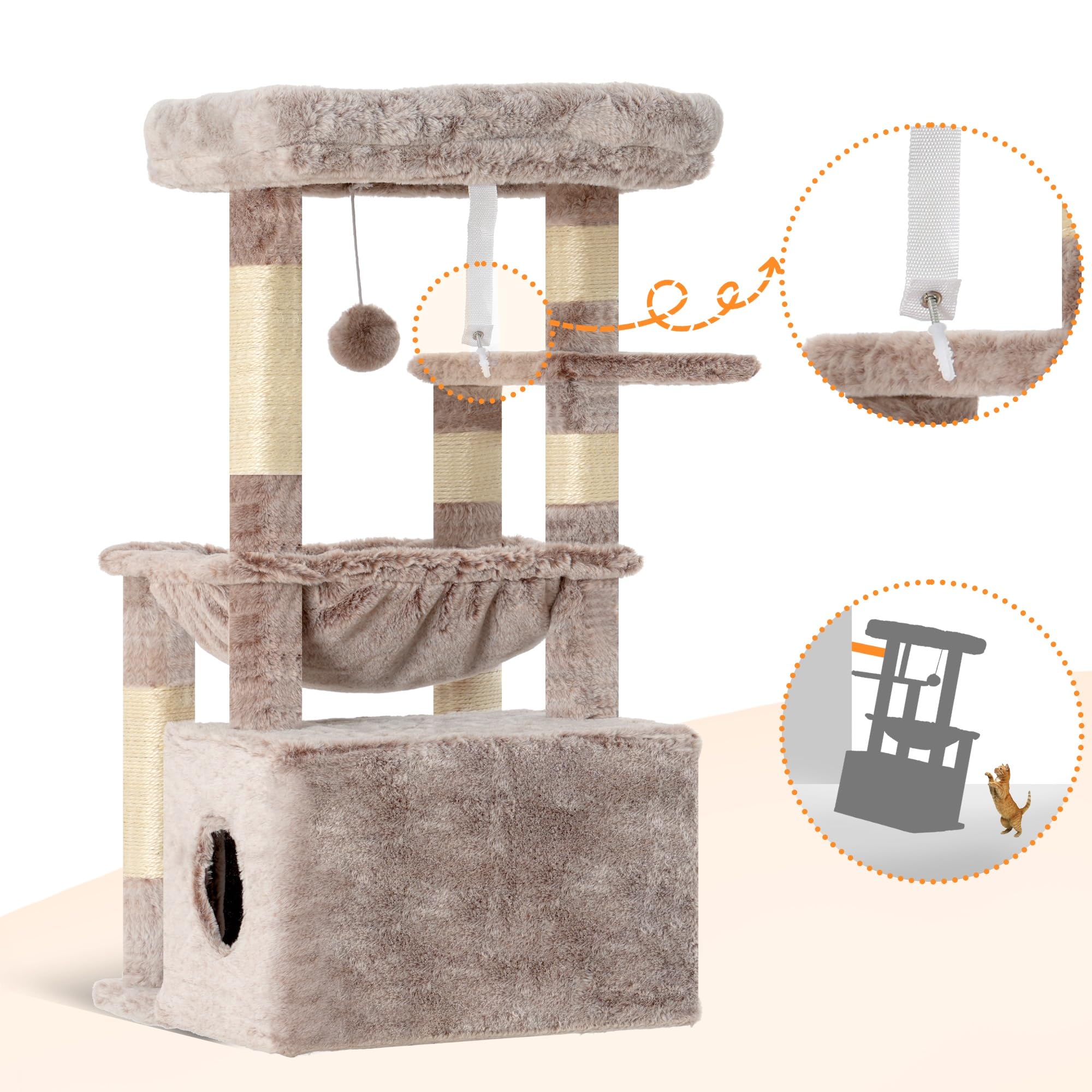 Heybly Albero per Gatti, con Cestino Extra Grande e Morbido, Letto Spazioso, Posto Letto Nascosto, Colonne in Sisal Robuste e Palla di Peluche, Beige Marrone HCT008SMU