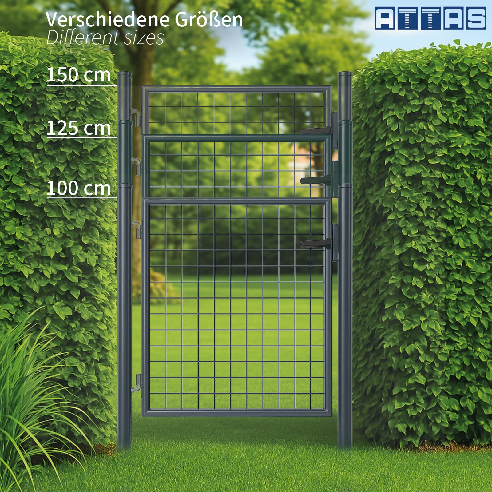ATTAS Gartentor Metall | 125x100, anthrazit, inkl. Schloss und 3 Schlüssel abschließbar| Zauntür, Gartentür für Doppelstabmattenzaun Tor, Zauntor Metall, Hoftor, Rund