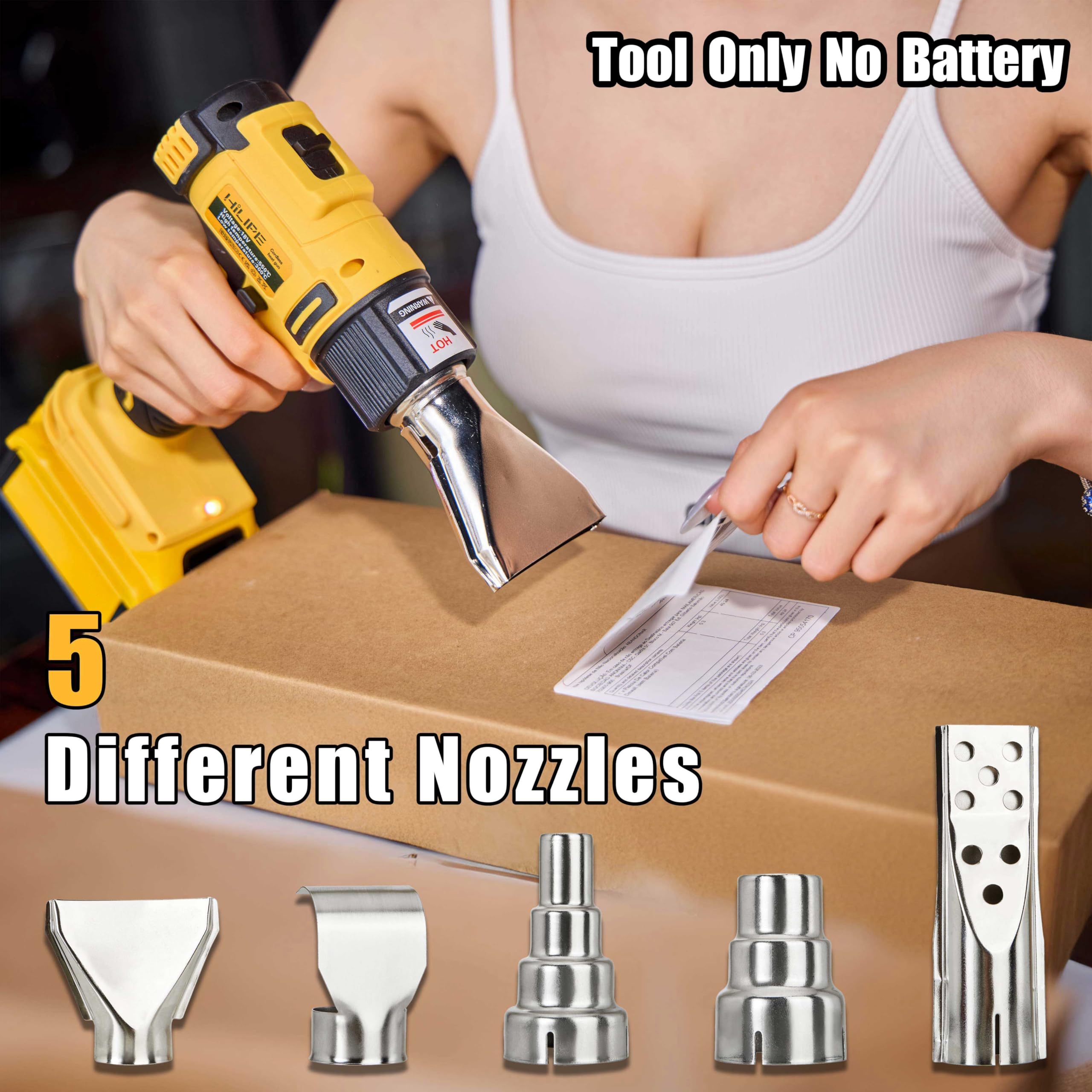 Pistola de calor inalámbrica para batería DeWALT de 20 V, pistola de aire caliente de litio, 5 accesorios de boquilla, ajuste de 2 temperaturas máximo de 1102 °F (550 °C), pistola de calor para