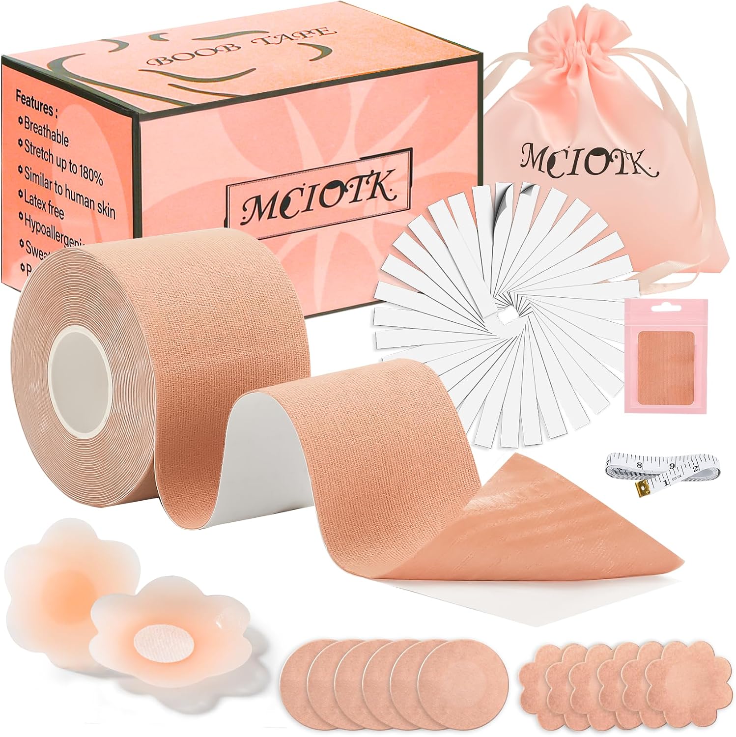 Mciotk Boob Tape,Breast Lift Tape Kit with Nipple Covers,2"x16.4ft Roll Set