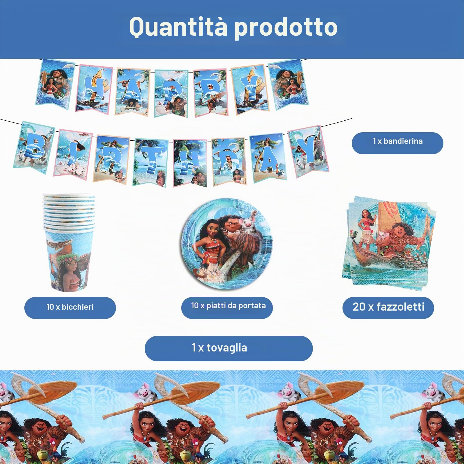 42 Pcs Decorazione Feste Moa, Compleanno Stoviglie Moan, Decorazioni Compleanno Bambino, Feste Stoviglie Kit, Tazze, Tovaglie