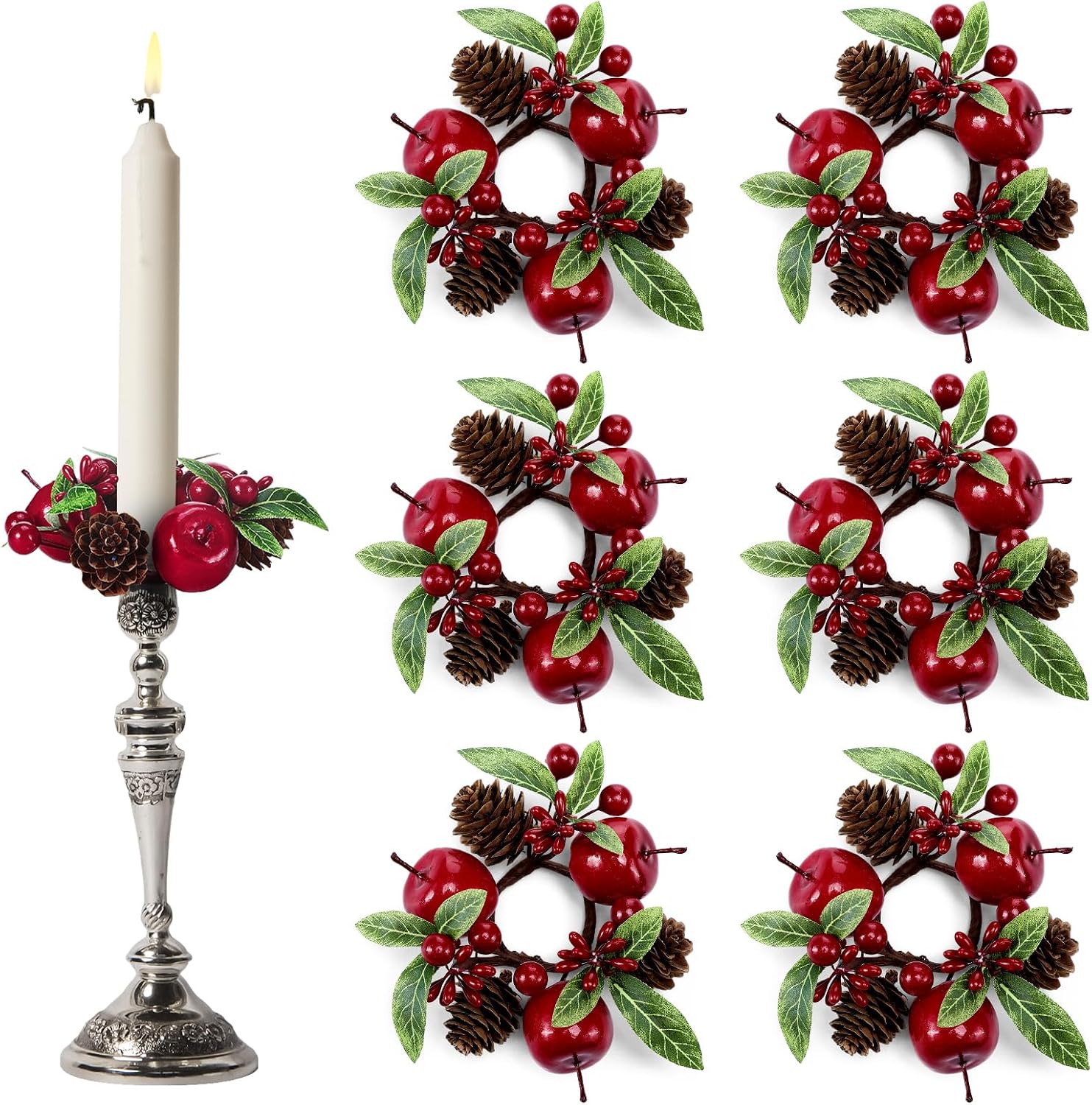 Suncalla 4 Pcs 1.26'' Christmas Candle Ring Wreath Mini Berry Garland