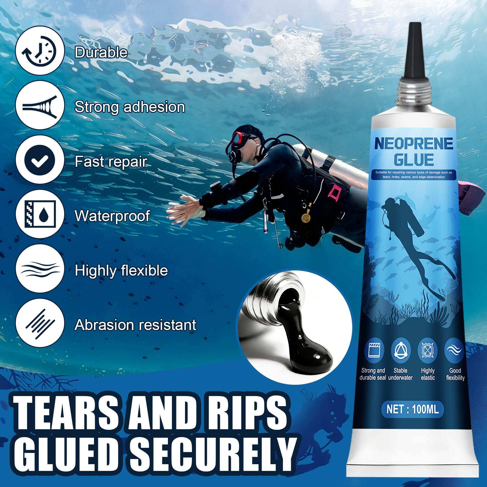 Allony Neoprene Adesivo, Colla Neoprene per Muta, Colla per Riparare Muta in Neoprene, Impermeabile e ad Asciugatura Rapida, Adatto per Riparare Buchi e Strappi su Mute, Waders, Nero, 100ML