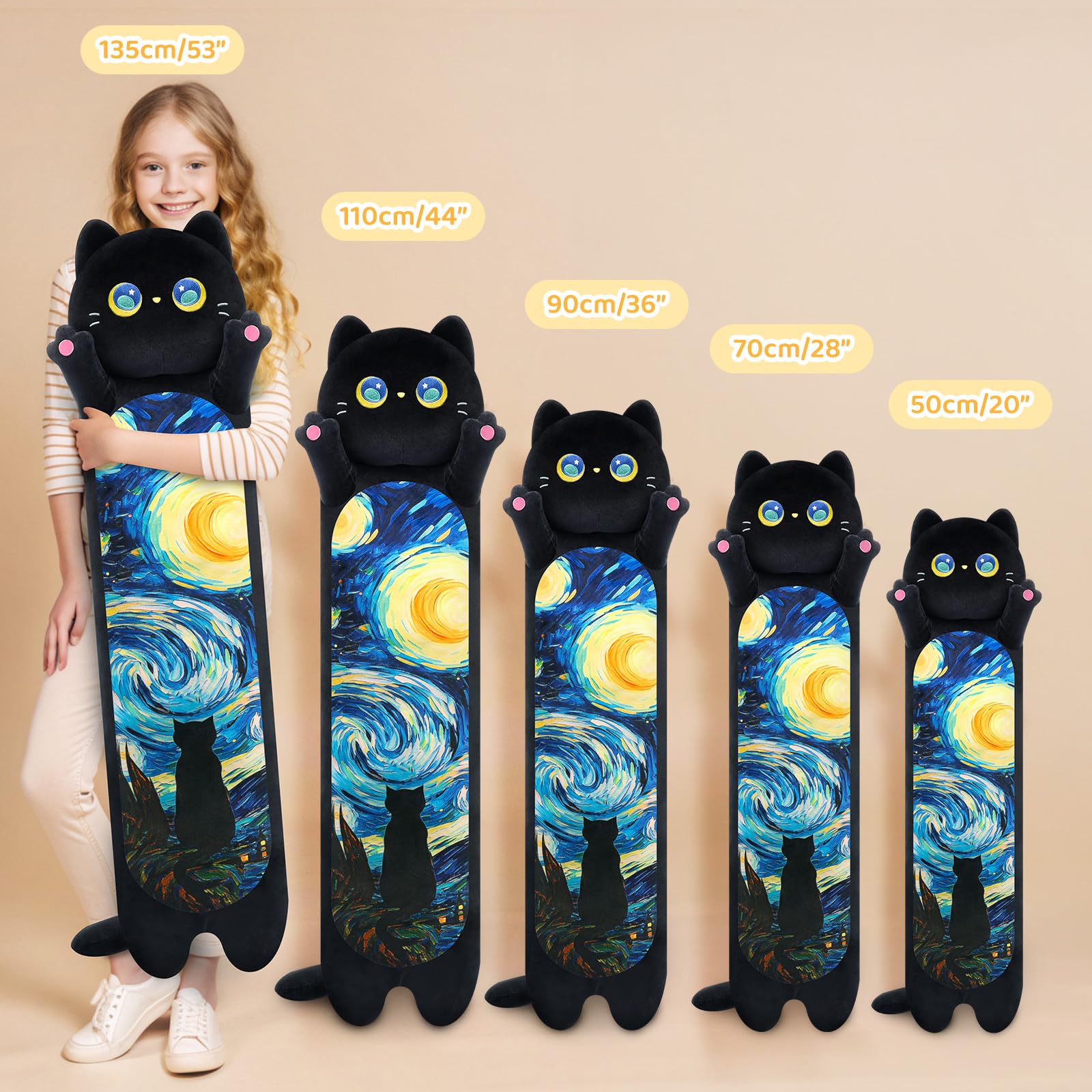 Mewaii Peluche Gato Estrellado Negro Almohada Largo Gigante 130CM Suave Animales de Peluche Ansiedad Que Respira Juguetes Navidad Regalo para Niños — view 5