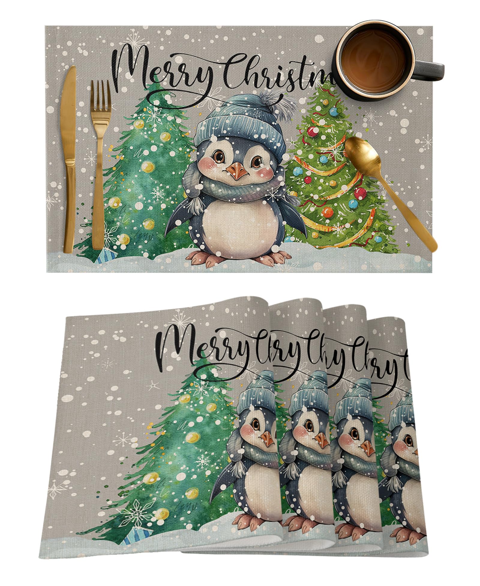 Washable Kitchen Placemats Set of 4, Grey Penguin Christmas Table Mats for Dining Table Party Decorations, Xmas Tree Winter Snowflake Non-Slip Heat-Insulation Place Mat Sets