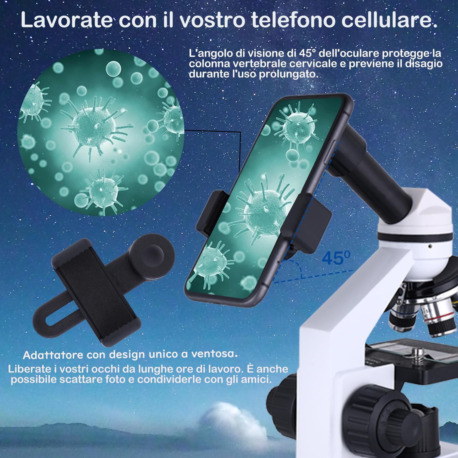 Microscopio ottico 40X-1000X Microscopio a doppio LED con illuminazione, fase di caricamento meccanico per laboratori, scuole, homeschooling, microscopio di avviamento per bambini adulti