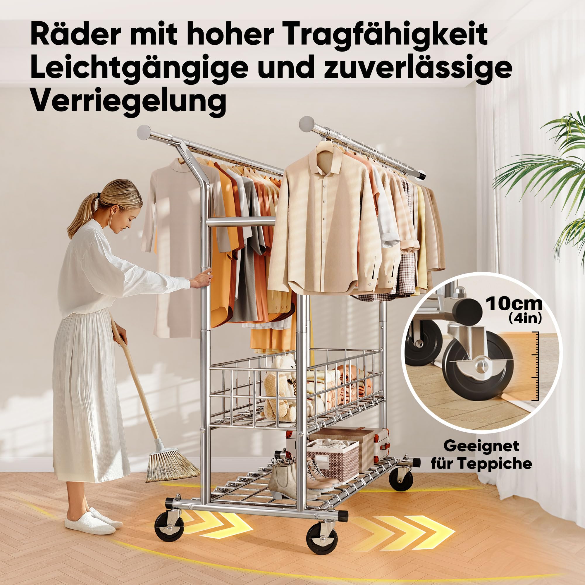 HOKEEPER Schwerlast Kleiderständer auf Rollen, Doppelter Kleiderstange, bis 283 kg belastbar, Industrie-Design, Garderobenständer mit Ablage& Wäschekorb,ausziehbare Länge und Höhe,Chorm