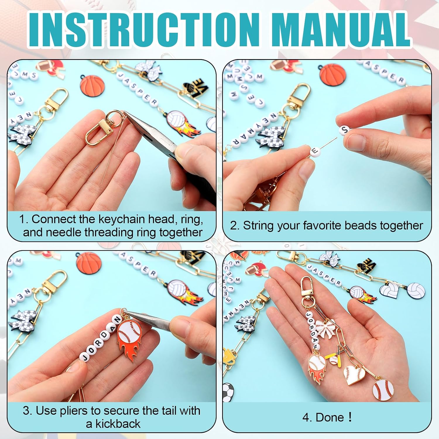 CraftyDream 558 Pcs Sports Keychain Making Kit Sports Charms DIY Key Chain Baseball Soccer Basketball Football Charm Keychains Adjustable Letter Beads Alphabet Jewelry Backpack Accessories Party Favor