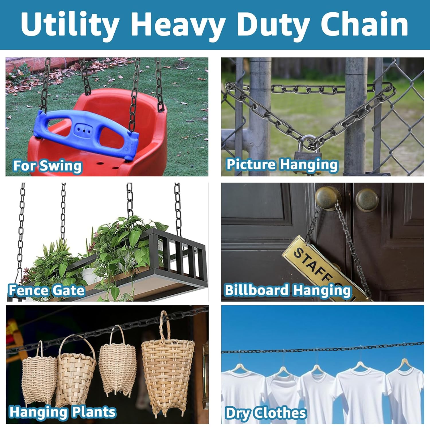 32.8 ft Long Black Chain Link 3/16" Heavy Duty Chain Bulk Decorative Chain for Hanging Hammock Chair Metal Porch Swing Chain Kit Carbon Steel Gate Chain for Outdoor Fence Boxing & Punching Bag - Image 5