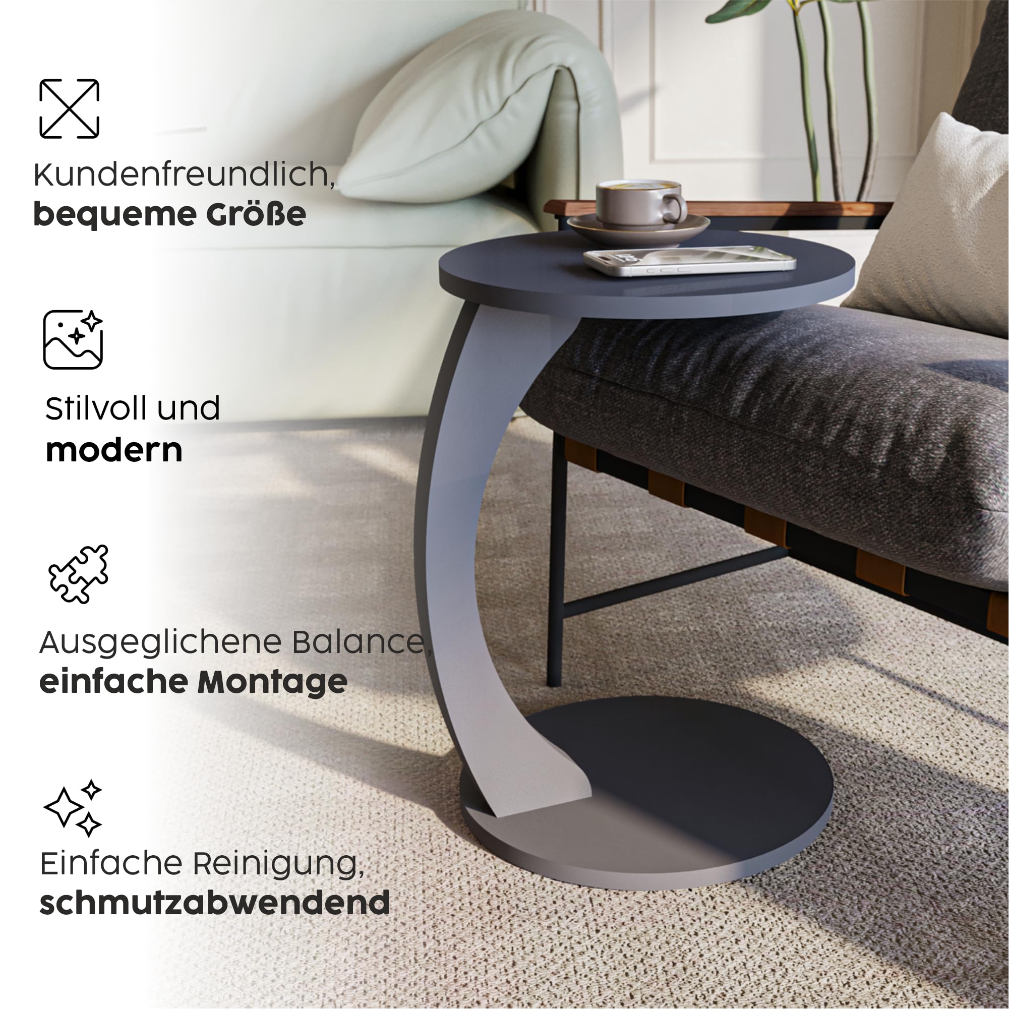 sugodesign Couchtisch mit Rollen, Kleiner Beistelltisch C Form, Beistelltisch Couch, stylischer Sofatisch in schöner Anthrazit Optik, runder Tisch als Ablagefläche für Couch und Wohnzimmer, C Form