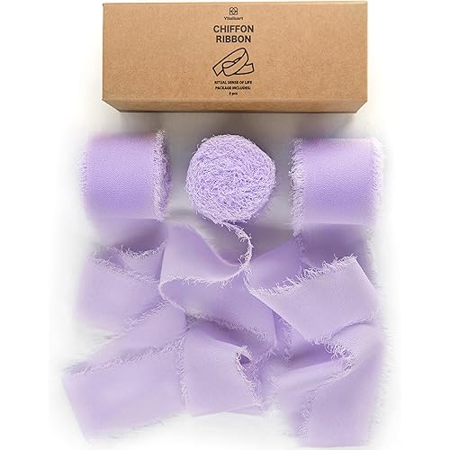 Vitalizart Lavender Purple Handmade Chiffon Silk Ribbon Fringe 3 Rolls 1.5" x 21 Yd Lilac Frayed Edges Ribbons for Wedding Invitations Bridal Bouquets Gifts Wrapping Crafts Holiday Decor