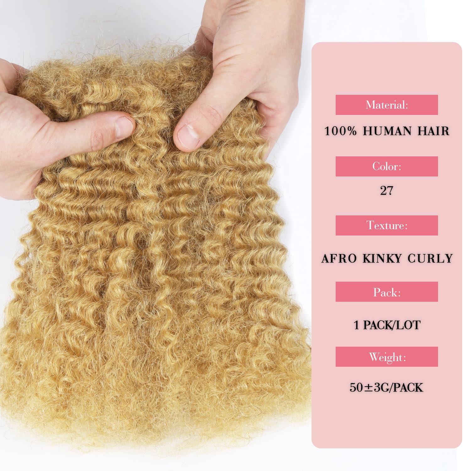 Afro Kinkys Bulk Human Hair for Dreadlock Extensions 50g/Pack 18 Inch Honey Blonde 100% Afro Bulk Human Hair for Twists Repair Locs and Kinky Braiding Hair