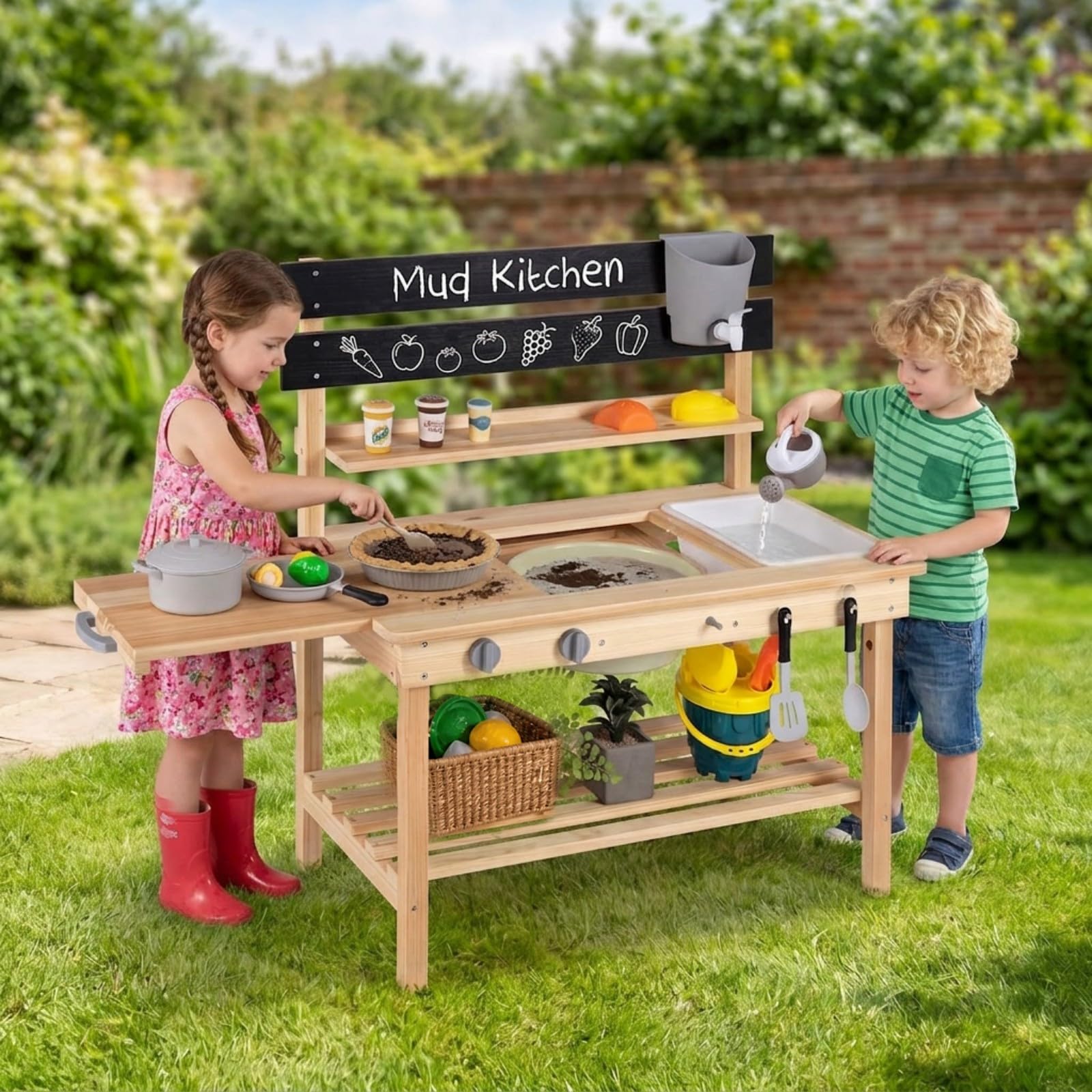 HOMASIS Matschküche Kinder Outdoor, Spielküche mit Herd & Kochzubehör | Kinderküche mit Spüle, Wassertank, Wasserhahn, Wasserbecken, Eimer, Gießkanne, Schaufeln, Ablagen für Kinder ab 3 Jahren