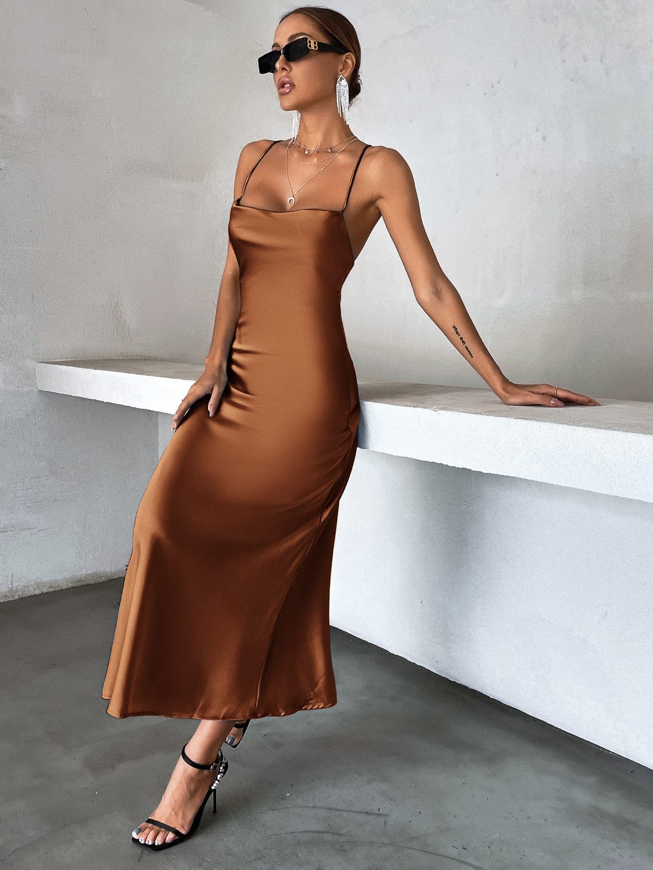 brown cami dress Satin Cami Dress for Women - Camisole Slip Dress