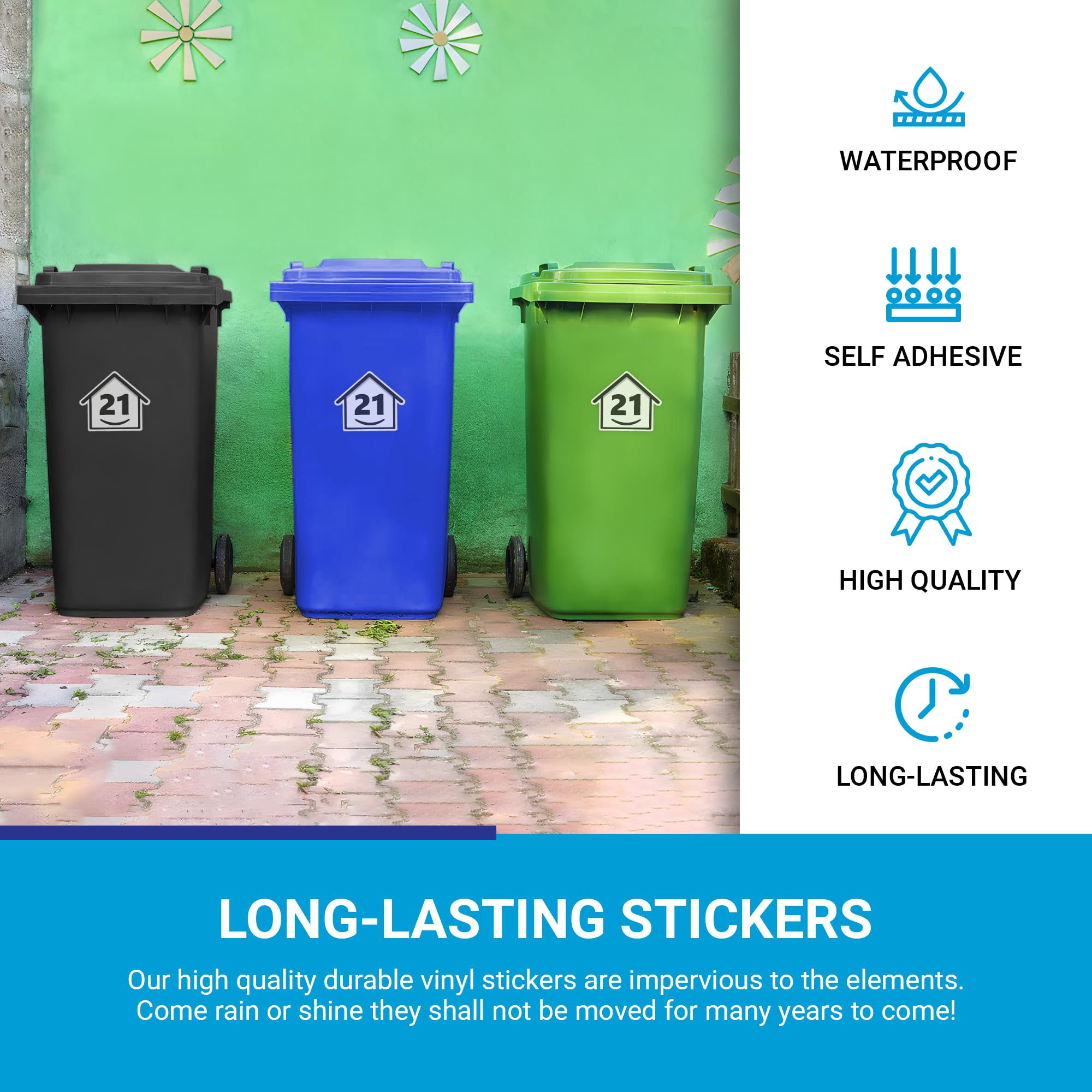 3 x Bin Numbers for Wheelie Bins, 1-99, 15cm ‘Happy House’ Design Dustbin Stickers, Easy Application Stick On Number Stickers - Weatherproof Self Adhesive Vinyl, Black (21) — view 5