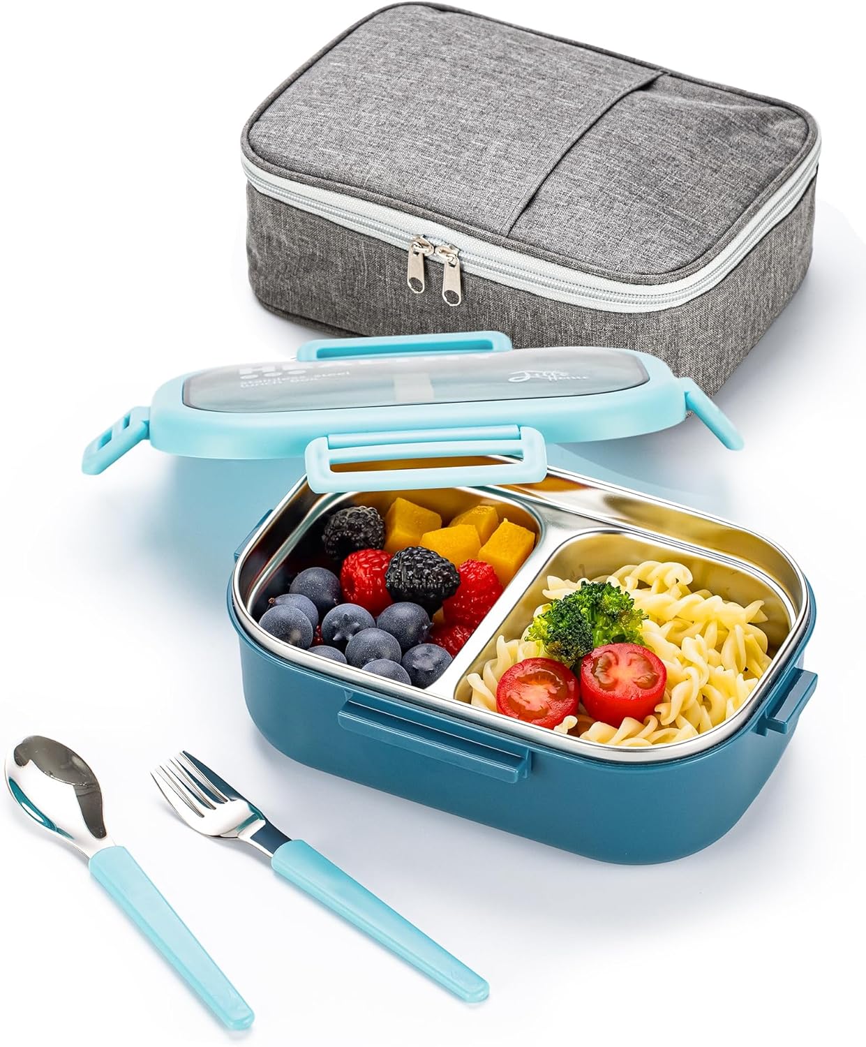 Lille Home 28oz Stainless Steel Leakproof 2-Compartment Bento Lunch Box/Portion Control Food Container with Lunch Bag and Cutlery Set, BPA Free (pink)