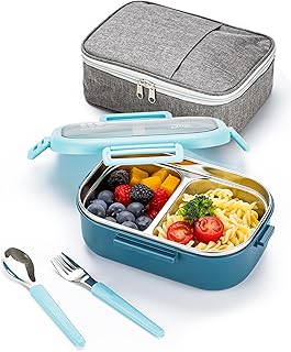 28oz Stainless Steel Leakproof 2-Compartment Bento Lunch Box/Portion Control Food Container with Lunch Bag and Cutlery Set, BPA Free (Light Blue)