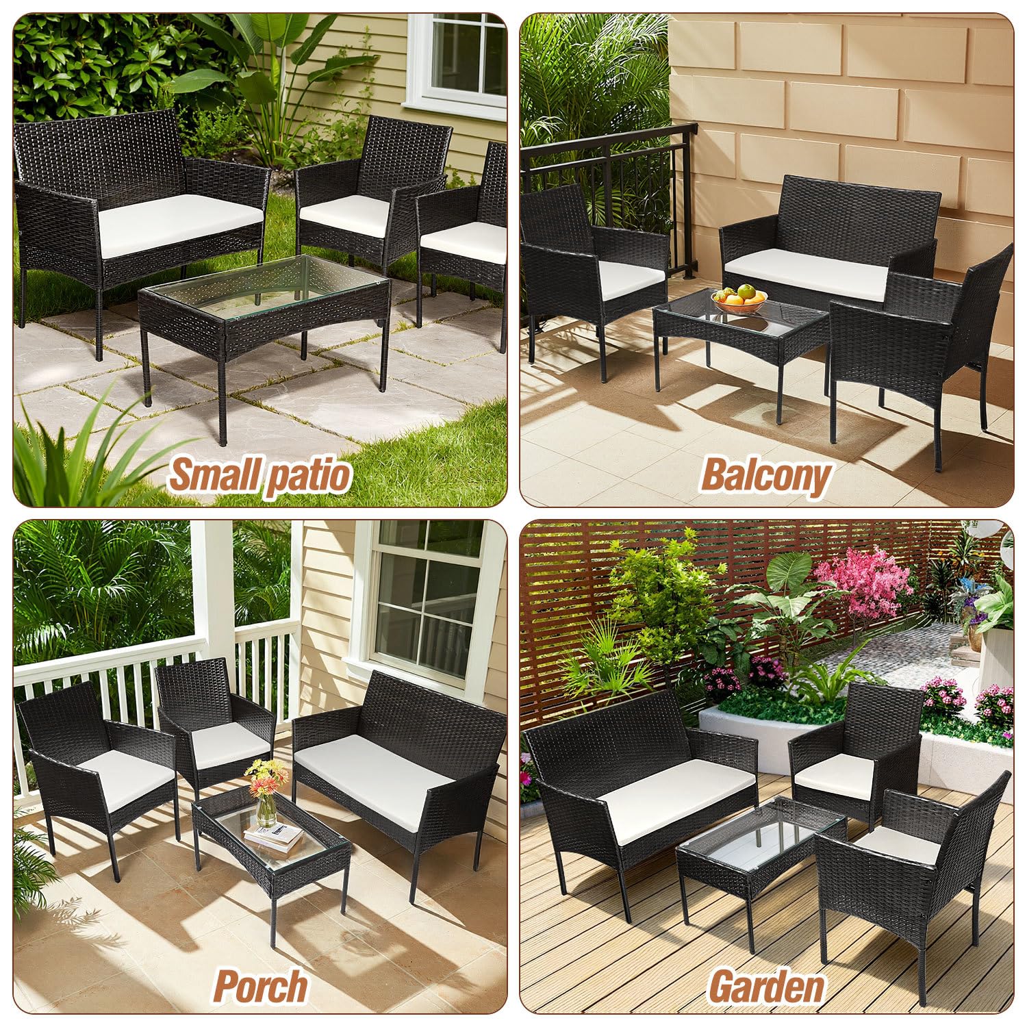 Polyrattan Balkonmöbel Set 4-teilig, Schwarz