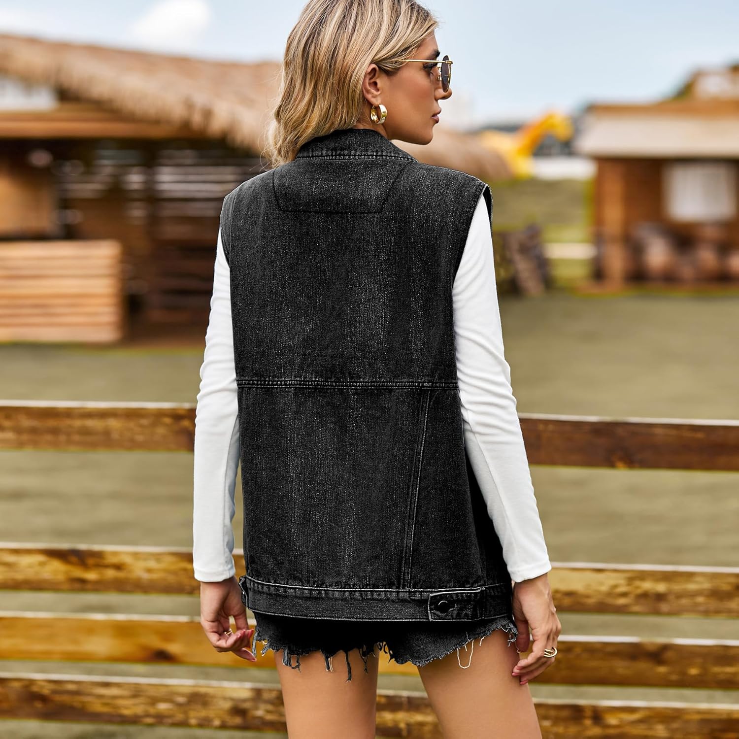 EMMIOL レディース デニムベスト、ポケット付きジーンズベストトップ、バギーストリートウェアノースリーブジャケット、ヴィンテージ