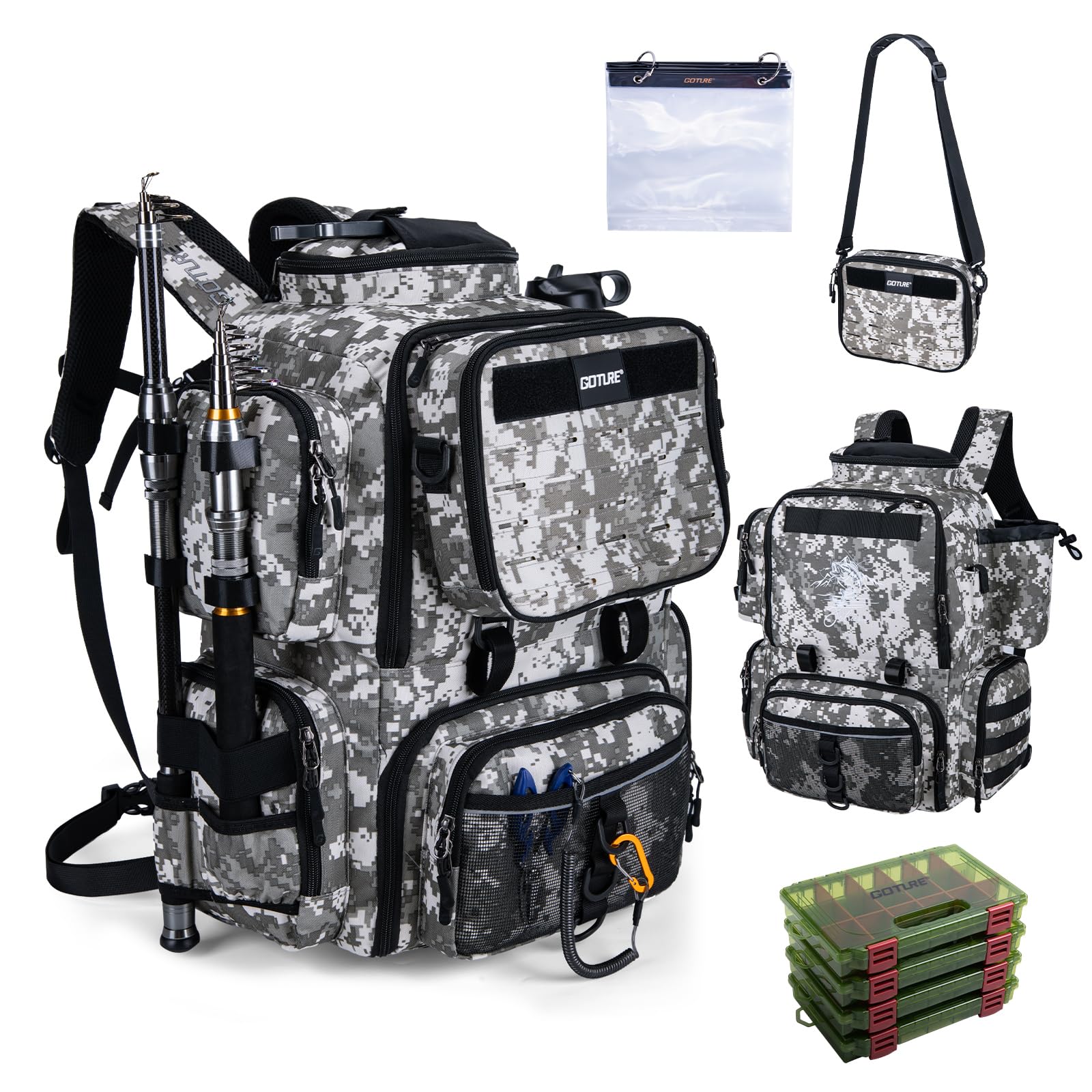 Goture 58L Fishing Tackle Backpack with 4 Tackle Boxes, Detachable Crossbody Bag, 900D Water-Resistant Fishing Bag with Rod Holders, 8 Lure Pockets, Bottle Holder for Camping Hiking Camo