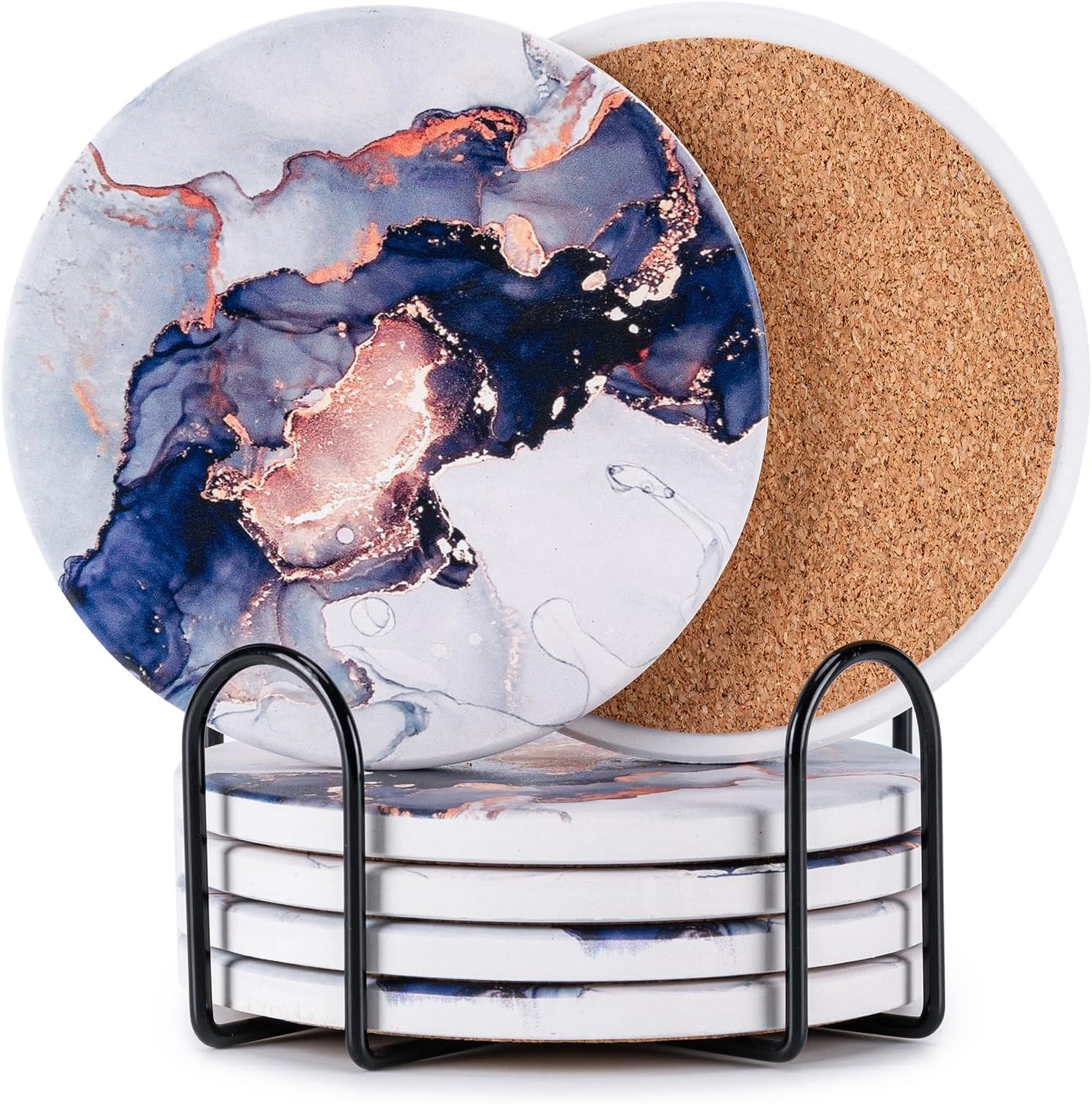 Hoewina 6Pcs Drink Coasters with Holder, Marble Style Ceramic Drink Coaster, Absorbent Coasters Set Suitable for Kinds of Cups, Modern Style Coasters for Coffee Table, 4 Inches(Render Style)
