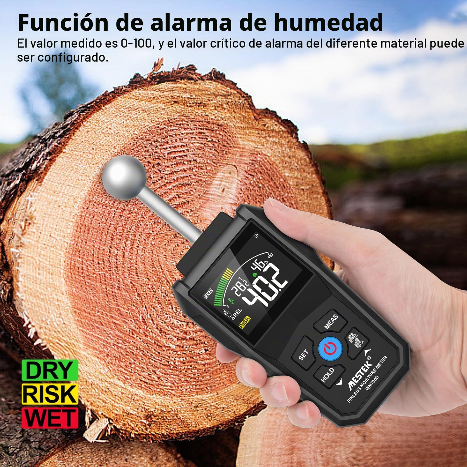 Medidor de Humedad, MESTEK Humidímetros,2 en 1 Medidor Humedad Pared con LCD en Color y Alarma Audible, Detecta 20-40 mm de Pared, Madera, Ladrillo, Hormigón y Otros Materiales de Construcción