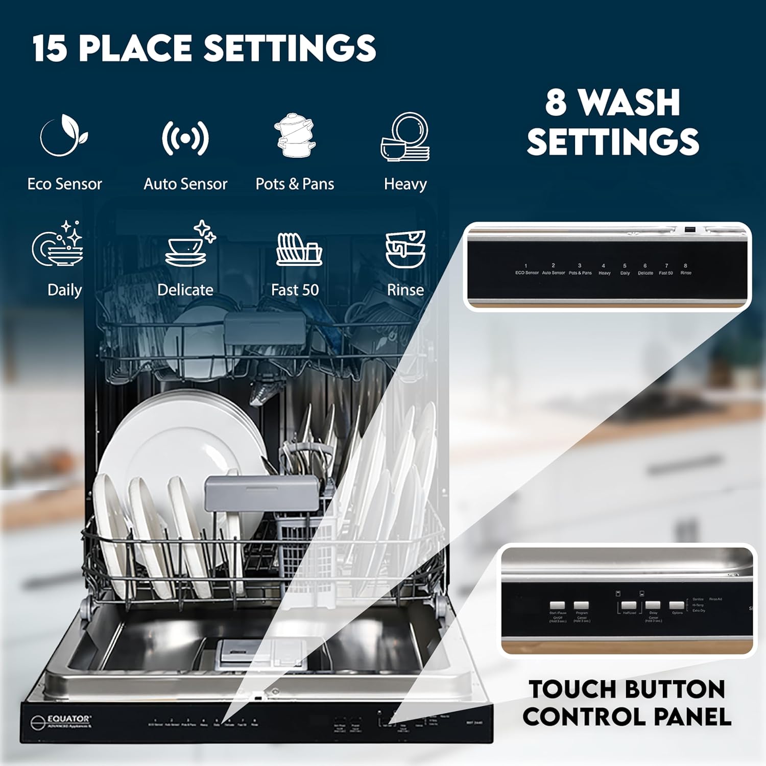 Equator 24″ Built-In Dishwasher with 3rd Rack – Top Control, 15 Place Settings, 8 Wash Cycles, Energy Star, Quiet 51 dB in Black