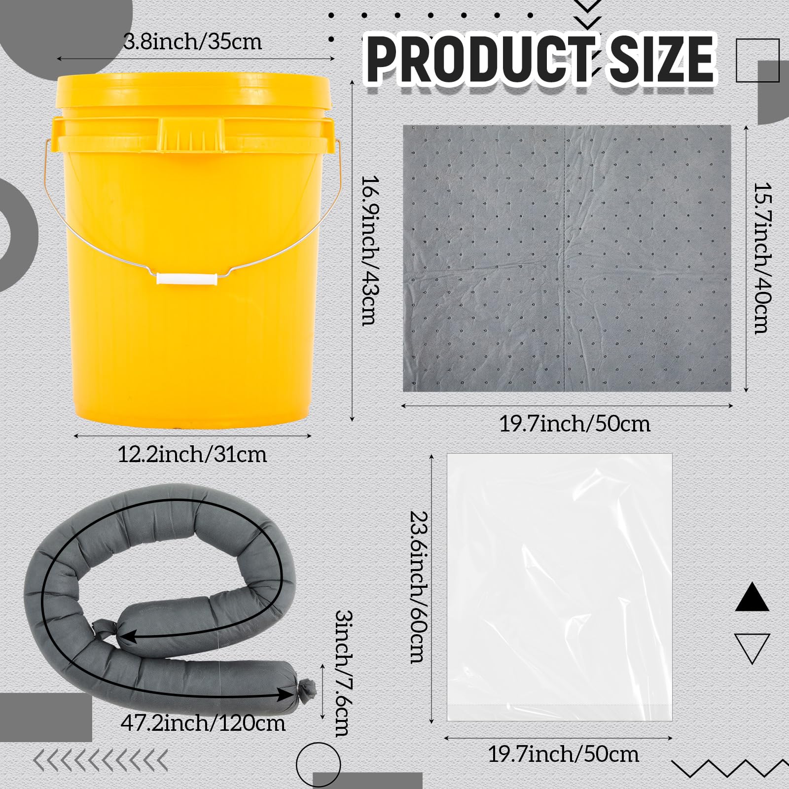 DoubleFill Kit universal de derrames portátil completo de 9 galones, incluye cubo amarillo, 30 almohadillas absorbentes, 4 calcetines absorbentes de 3 x 4 pies, 5 bolsas de desecho, guantes de PVC