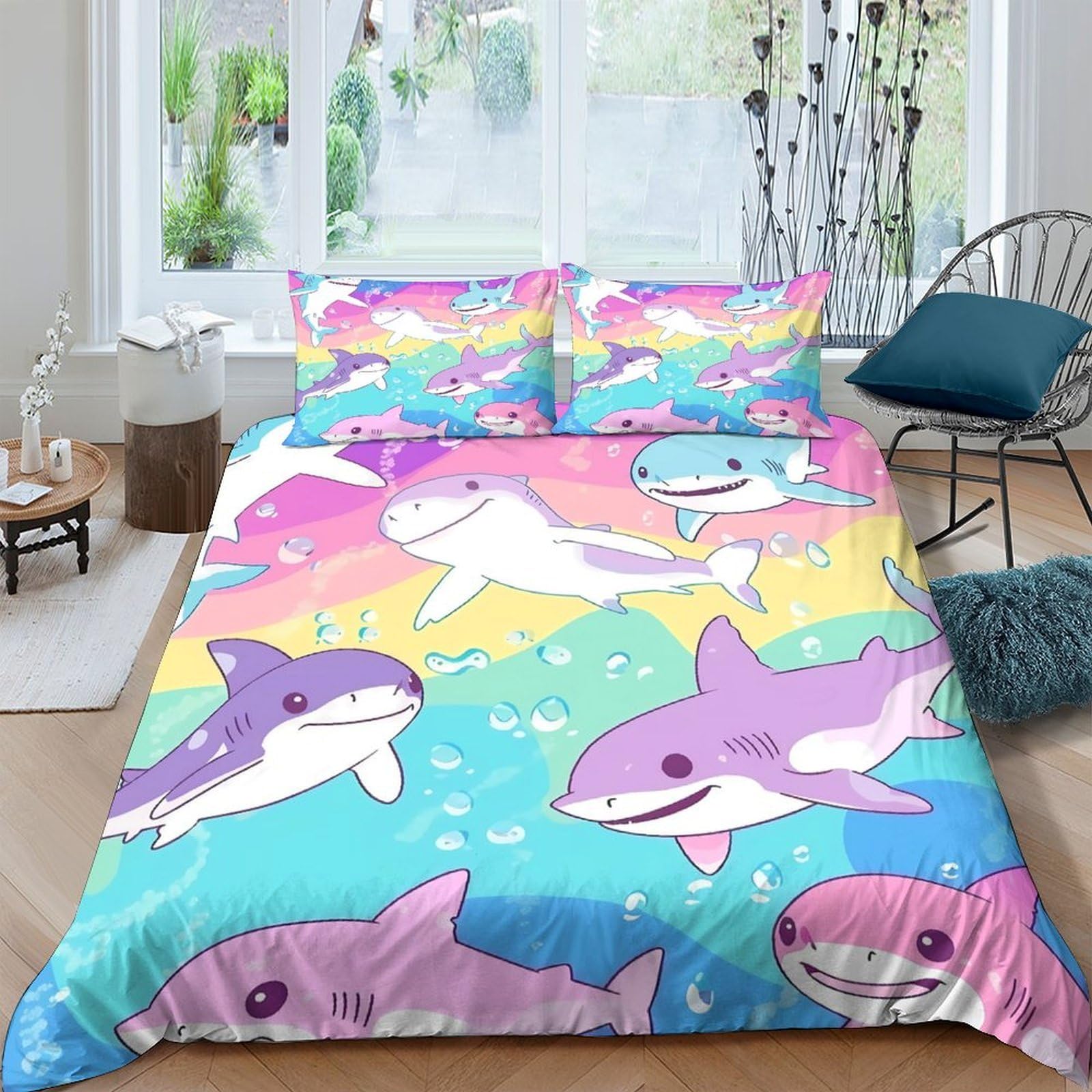 Ctjqhvkz Style-2 3D Printed Colorful Cartoon Shark Fitted Sheet Microfiber Soft Mattress Cover Rainbow Ocean Theme For Bedroom Guest Room Single（135X200cm）