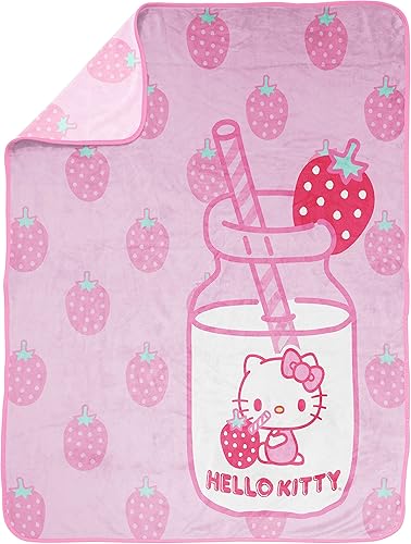 Miniatura 2 de Hello Kitty Manta con leche de fresa mide 46 x 60 pulgadas ropa de cama para niños con gatito blanco forro polar súper suave resistente a la