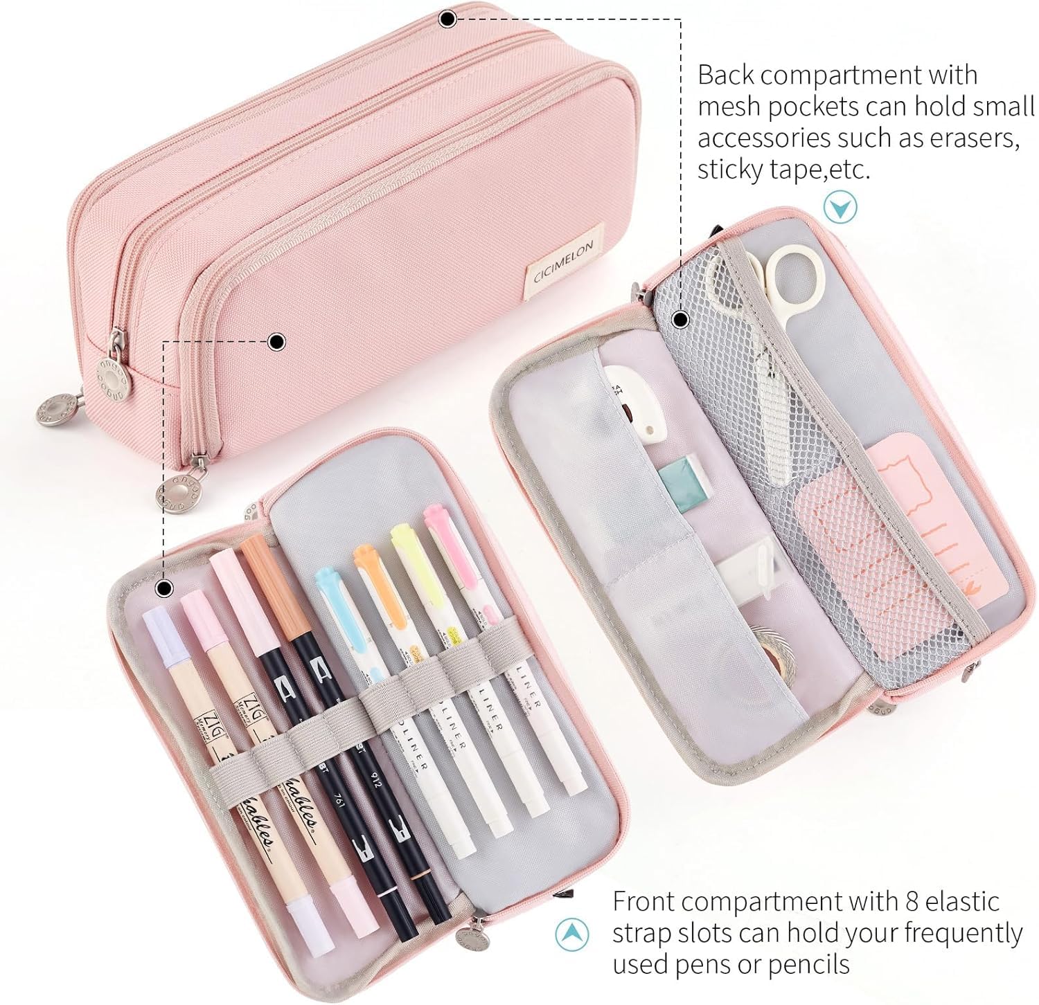 Niwlix Large Capacity Pencil Box for Girls & Boys, 3 Compartments Pen & Pencil Pouches, Aesthetic Stationery Pouch for School Kids College Students, Pouch for School Girls (Pink) 1
