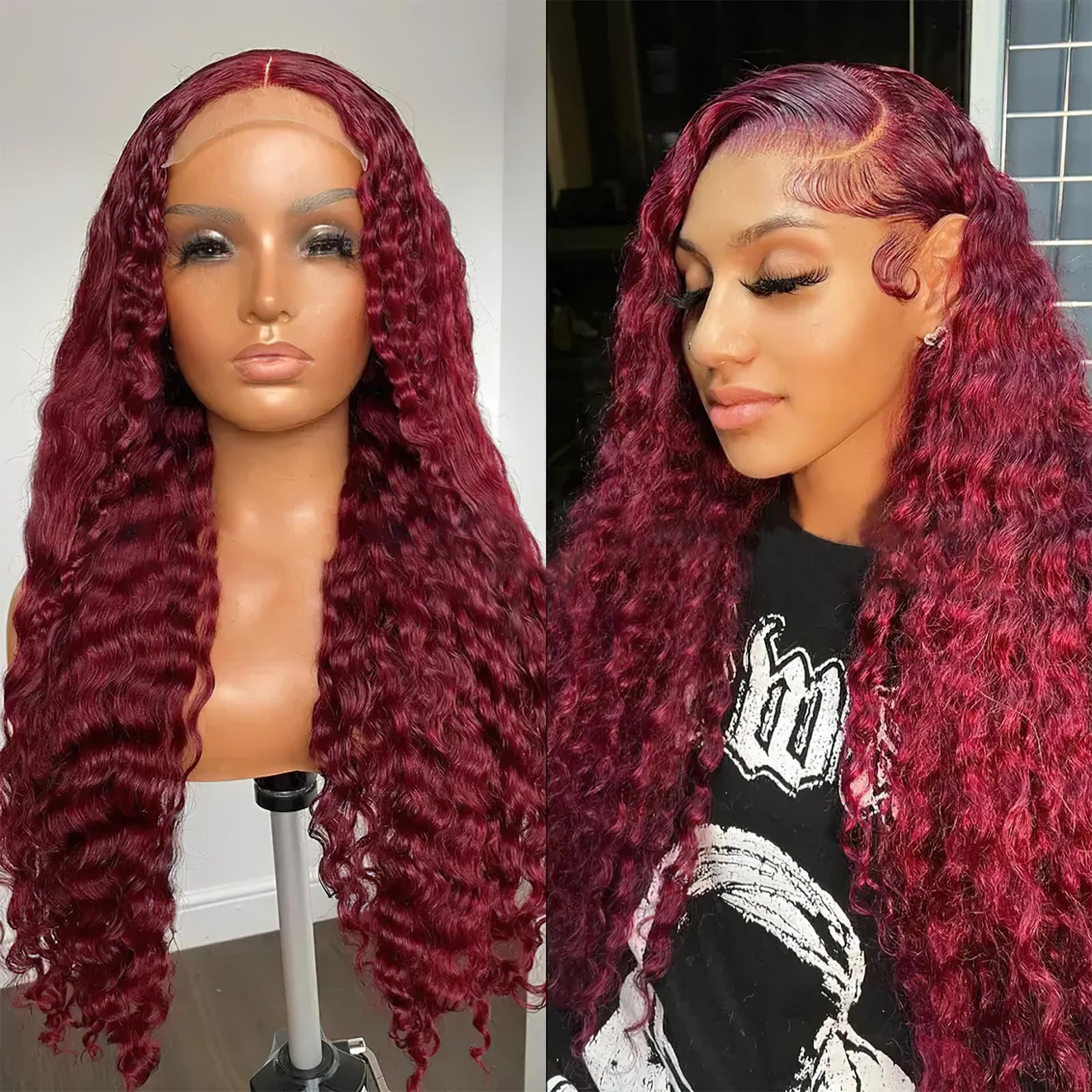 Photo 1 of 26 Inch Burgundy 13x6 HD Transparent Deep Wave Lace Front Wigs Human Hair 180% Density Pre Plucked Wine Red Deep Curly Glueless Wigs for Women