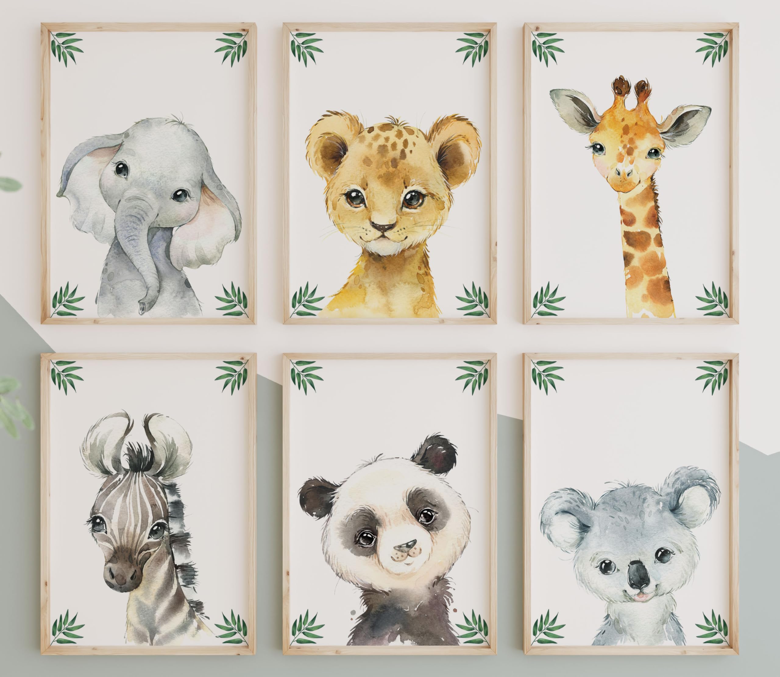 Eviepops Prints Safari Animals Baby Girl Boy Nursery Bedroom Set of 6 Unframed Jungle Leaves Prints, Nursery Decor Wall Art, Giraffe Elephant Lion Zebra Panda Koala (A3) โ image 1