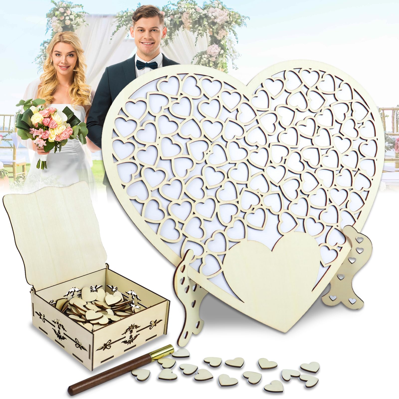 Libro Degli Ospiti di Nozze Cuore in Legno, Decorazioni per Matrimoni a Cuore in Legno, Cornice Cuore + 101 Cuori in Legno + Scatola Portaoggetti + Penna in Legno di Sandalo, Decorazione Matrimonio
